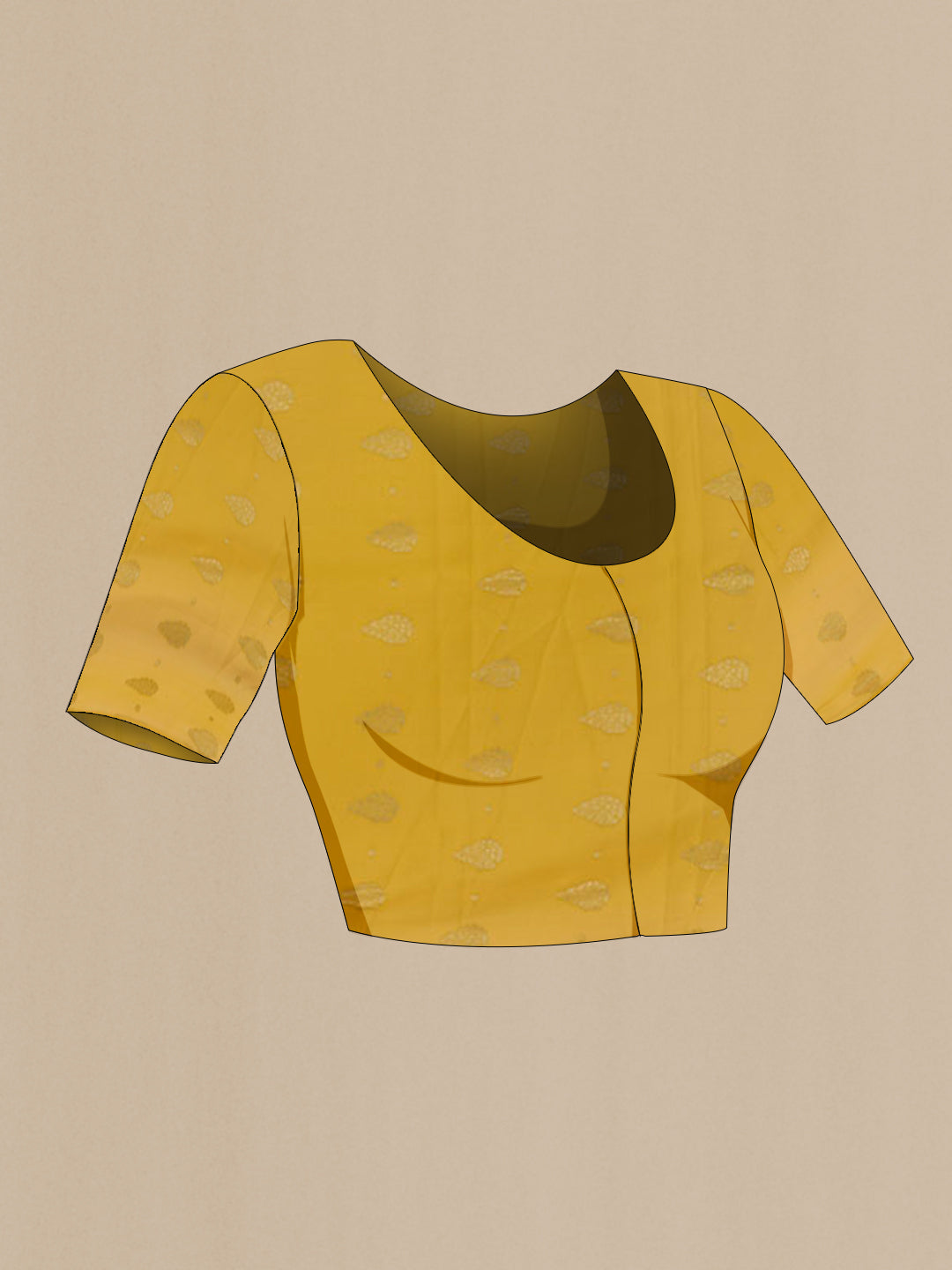 Close up image of the blouse of Yellow Mysore Crepe Saree with Plain Body and Zari Border. 