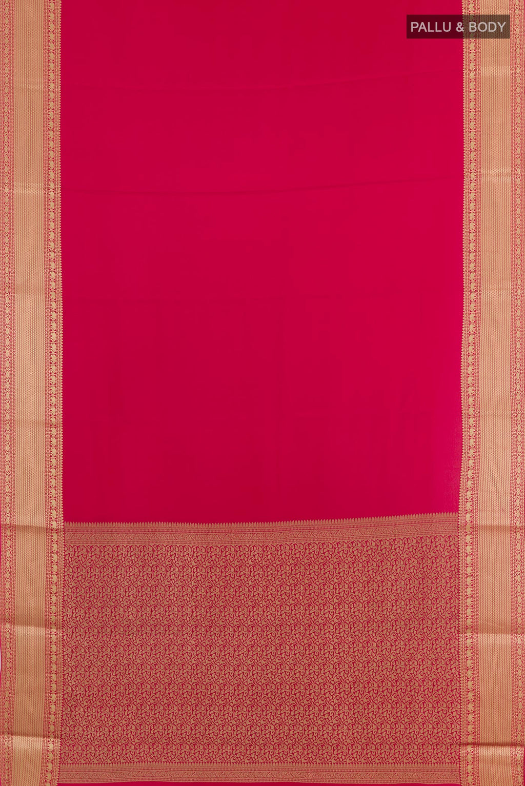 Flat view of Pink Mysore Crepe Saree with Plain Body and Zari Border. 