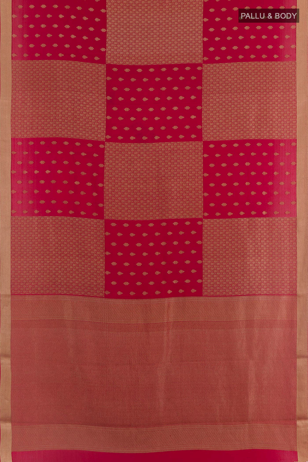 Flat view of Red Mysore Crepe Saree with Zari Butta on the body and Plain Border. 