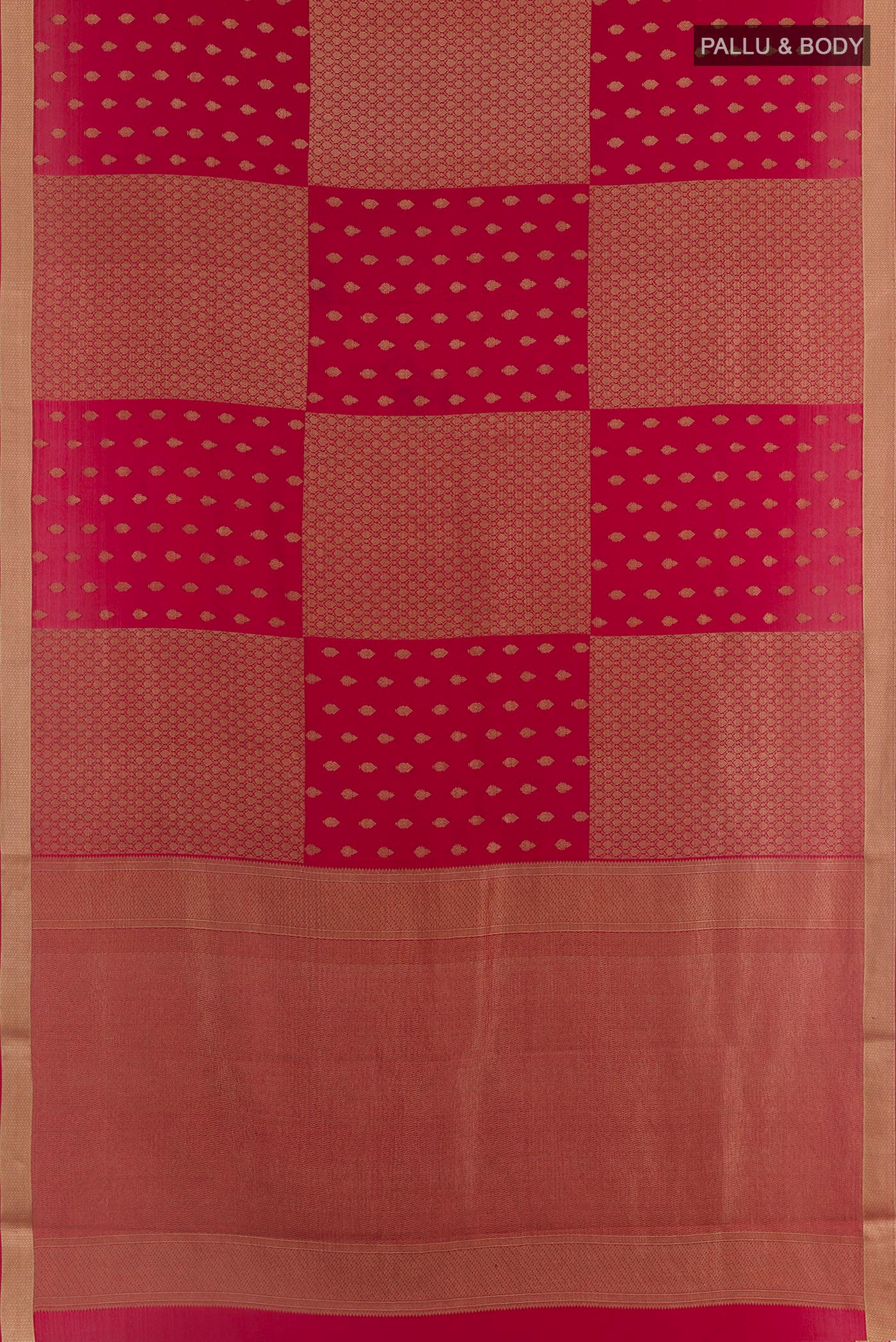 Flat view of Red Mysore Crepe Saree with Zari Butta on the body and Plain Border. 