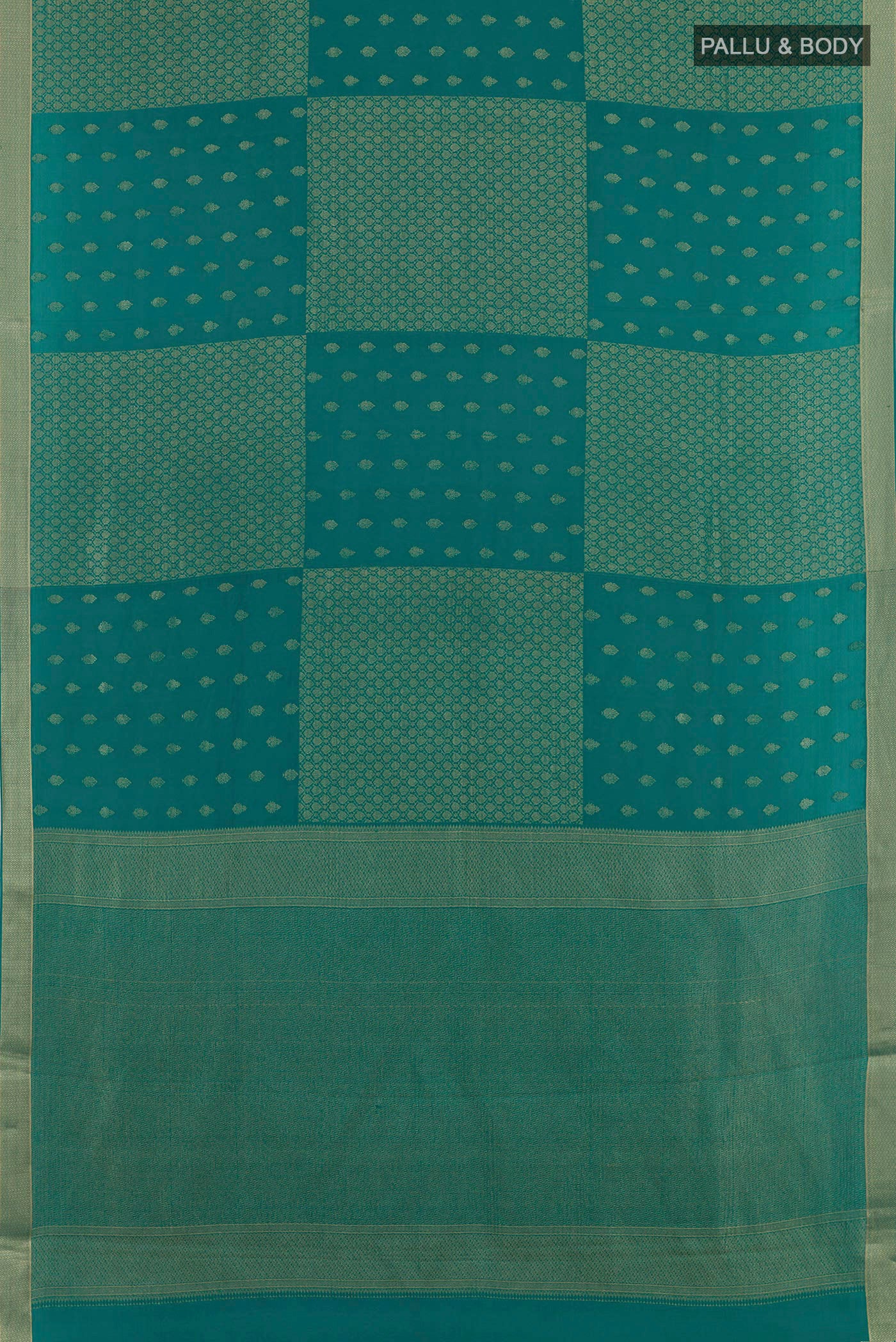 Flat view of Sea Green Mysore Crepe Saree with Zari Butta on the body and Zari Border. 