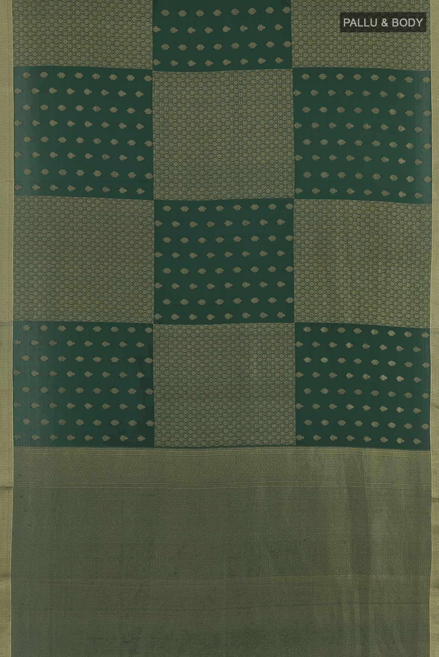 Flat view of Green Mysore Crepe Saree with Zari Butta on the body and Zari Border. 