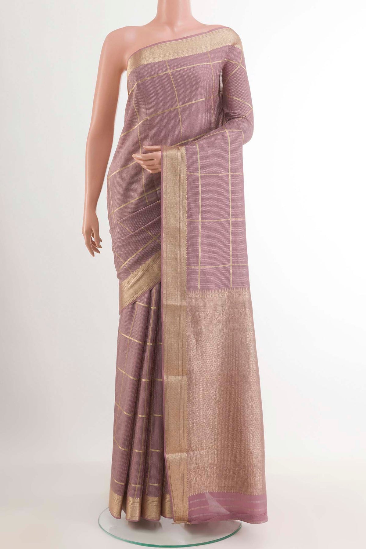 Lavender Mysore Crepe Saree with Zari Brocade on the body and Zari Border.  displayed on a mannequin