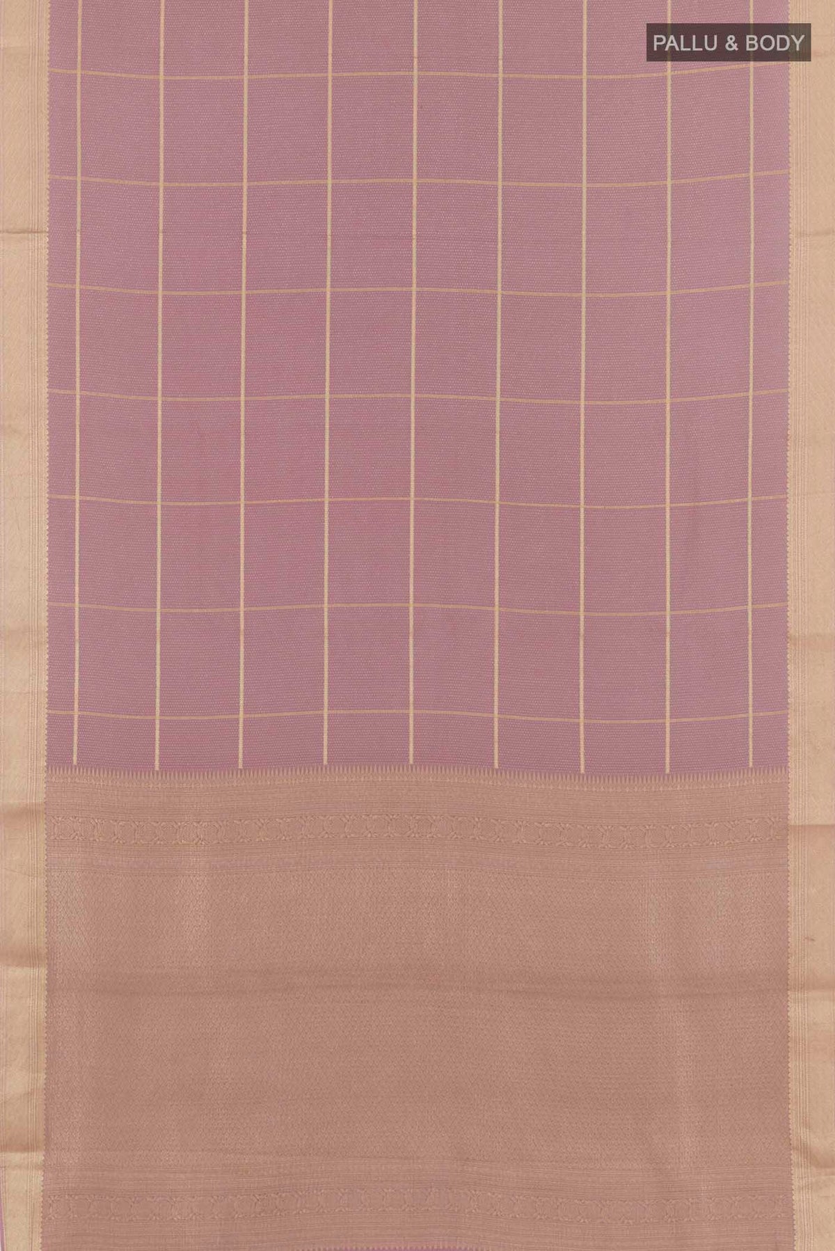 Flat view of Lavender Mysore Crepe Saree with Zari Brocade on the body and Zari Border. 