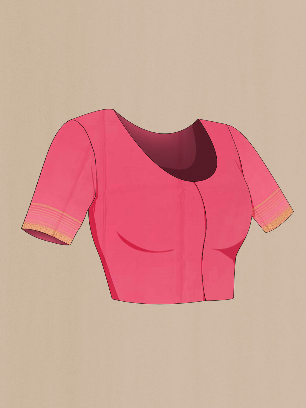 Close up image of the blouse of Pink Mysore Crepe Saree with Plain Body and Zari Border. 