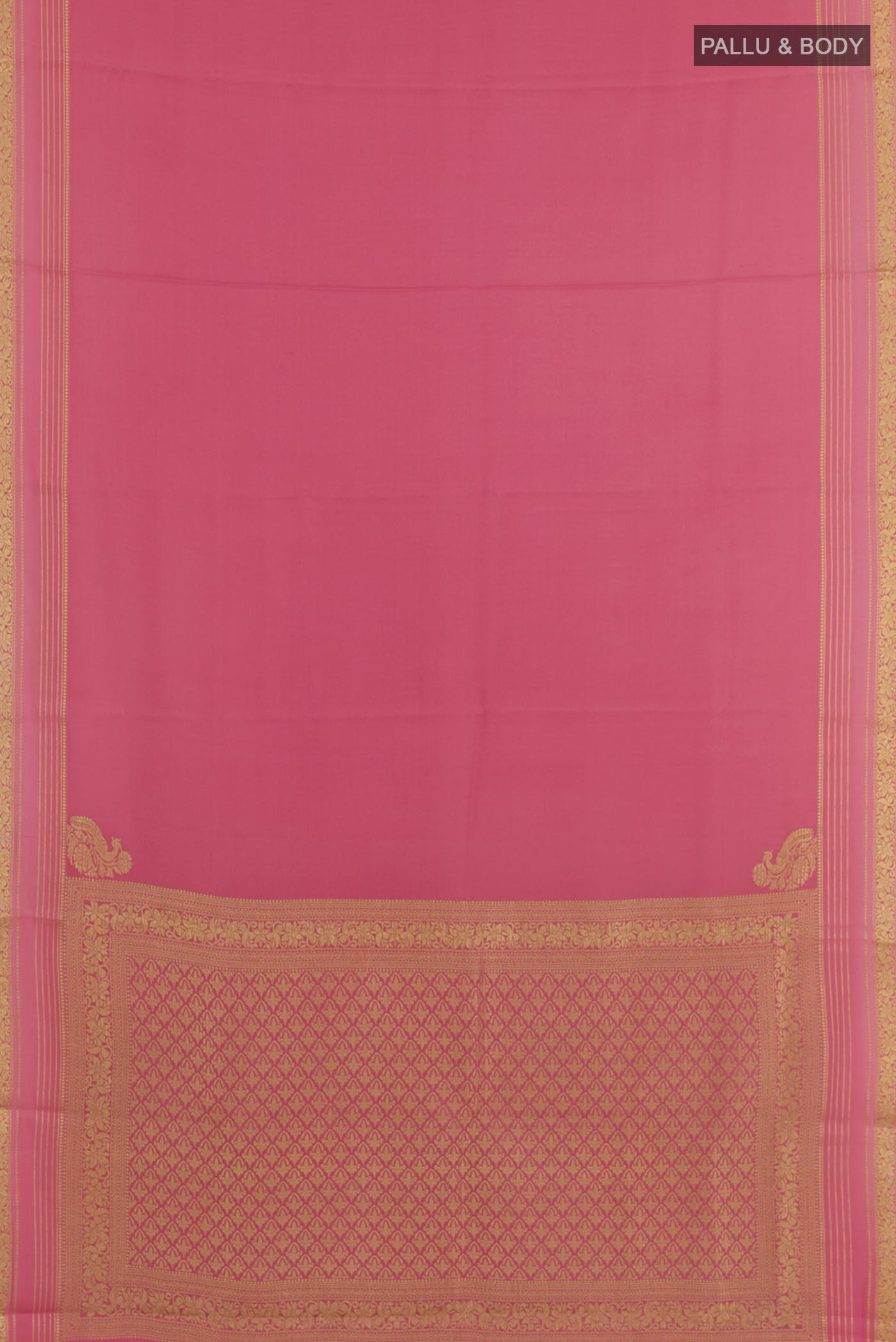 Flat view of Pink Mysore Crepe Saree with Plain Body and Zari Border. 