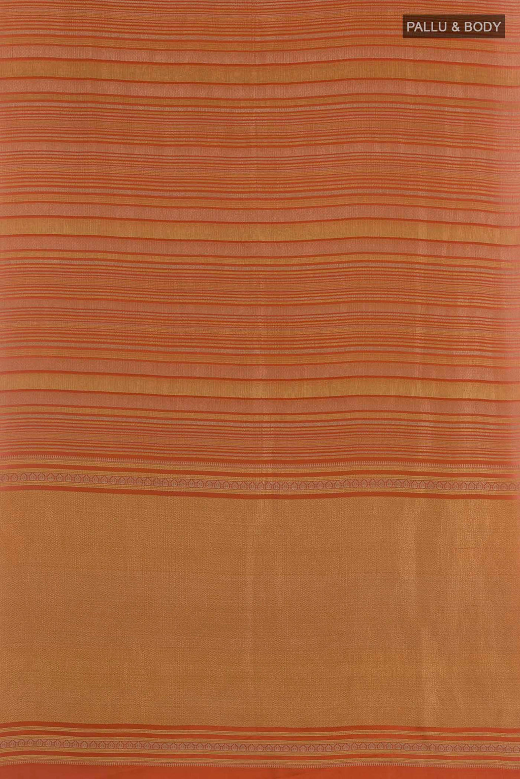 Flat view of Orange Mysore Crepe Saree with Stripes on the body and Zari Border. 