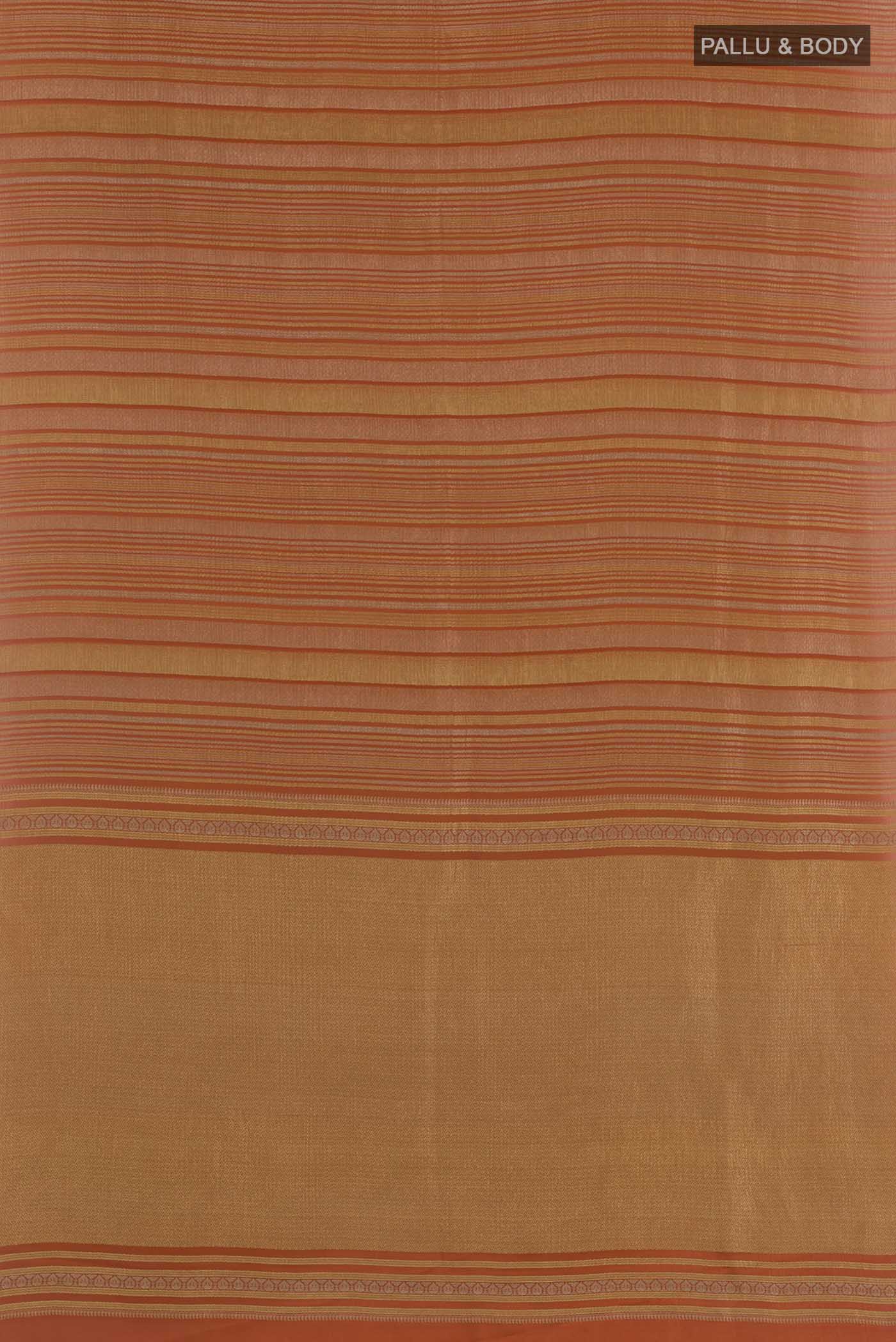 Flat view of Orange Mysore Crepe Saree with Stripes on the body and Zari Border. 