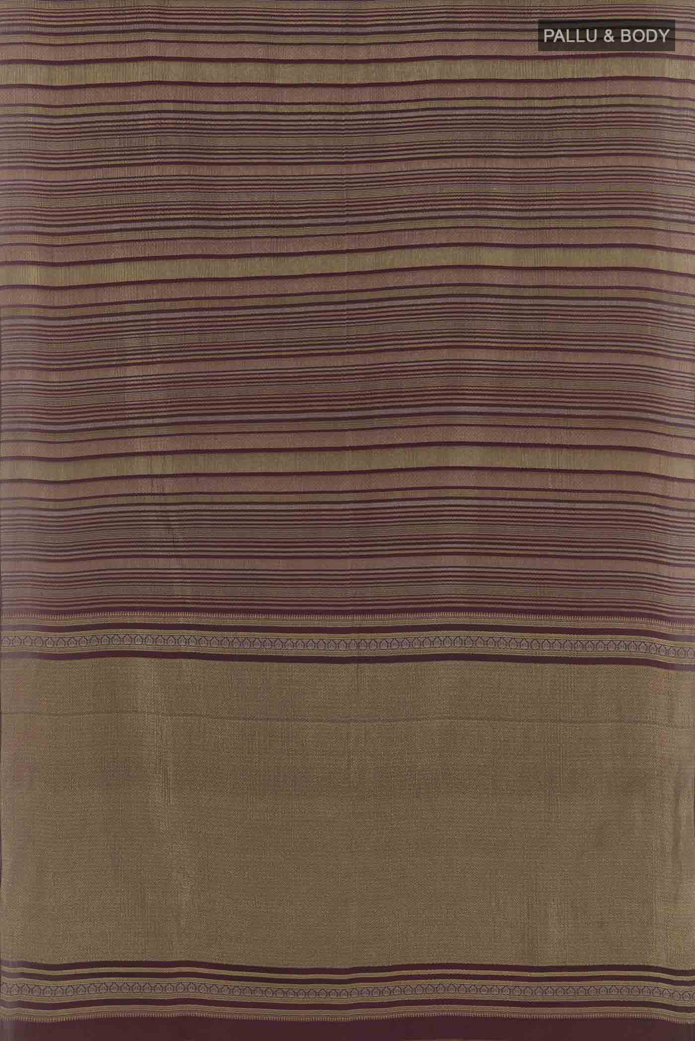 Flat view of Brown Mysore Crepe Saree with Stripes on the body and Zari Border. 