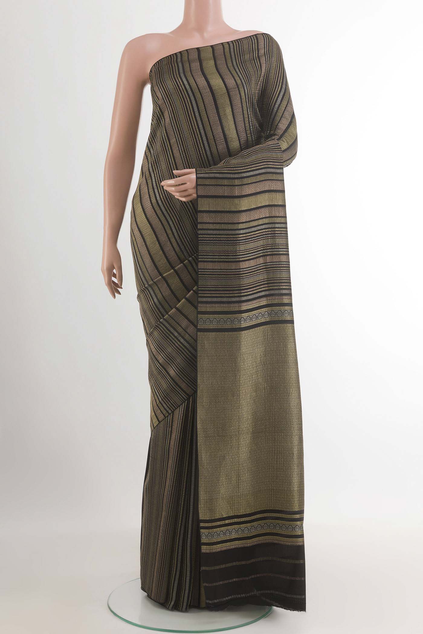 Black Mysore Crepe Saree with Stripes on the body and Zari Border.  displayed on a mannequin