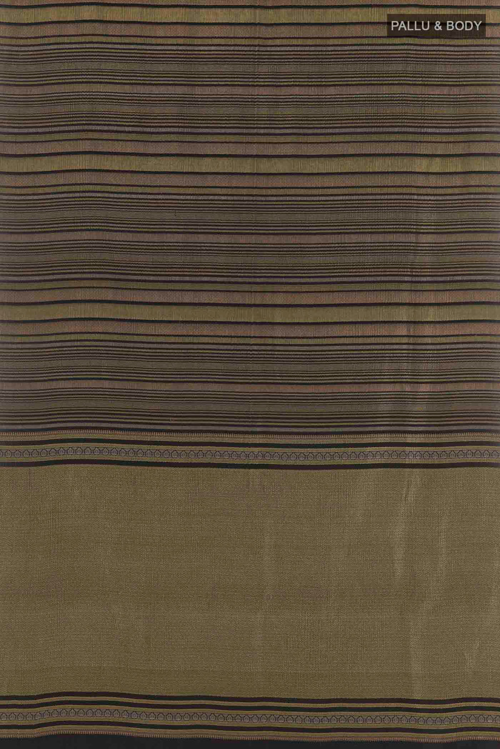 Flat view of Black Mysore Crepe Saree with Stripes on the body and Zari Border. 