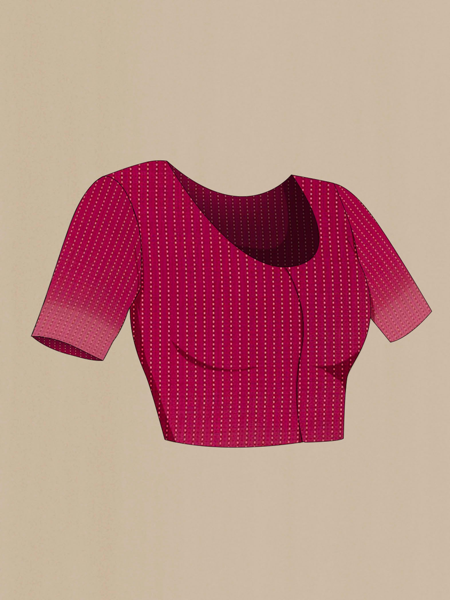 Close up image of the blouse of Pink Mysore Crepe Saree with Stripes on the body and Zari Border. 