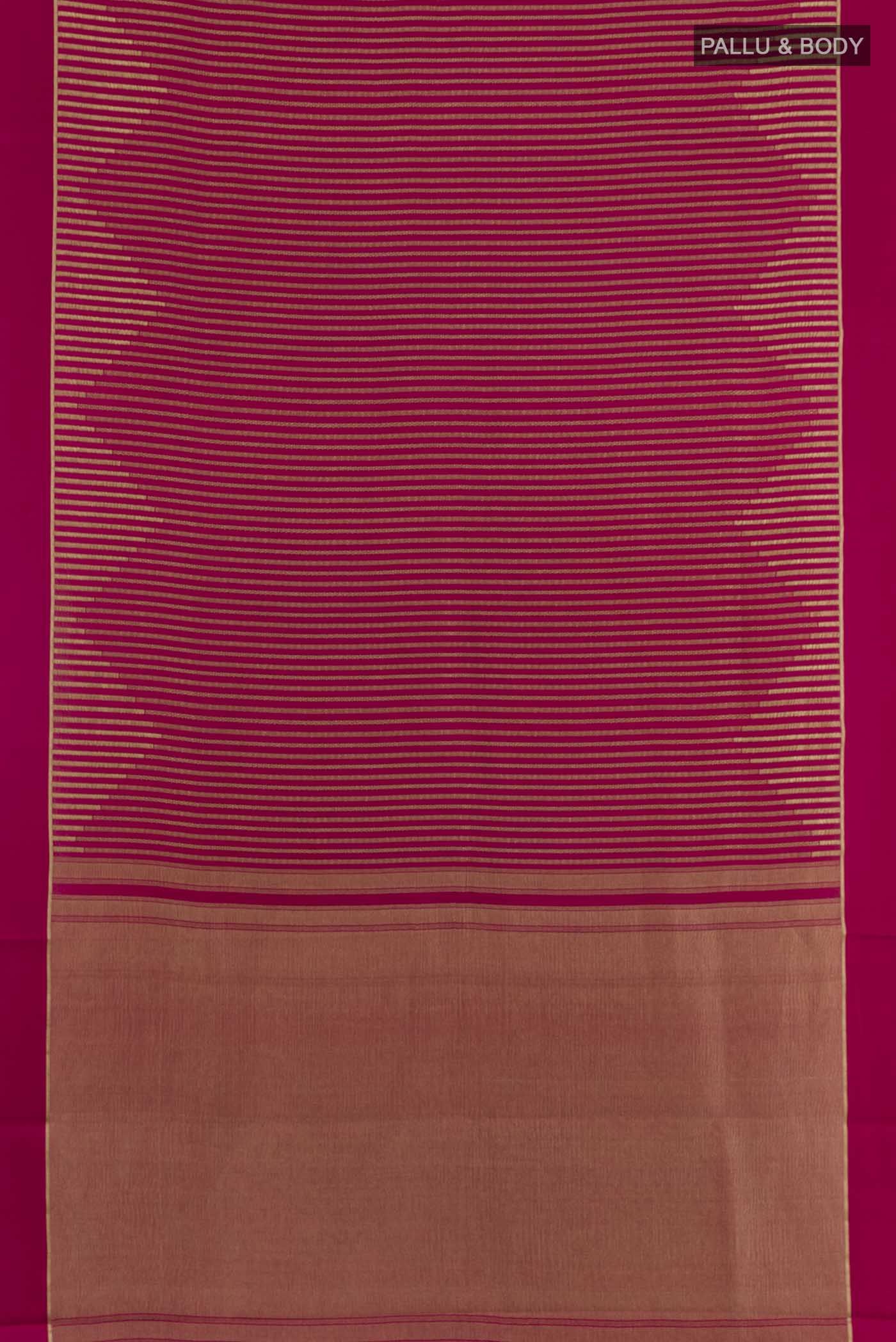 Flat view of Pink Mysore Crepe Saree with Stripes on the body and Zari Border. 