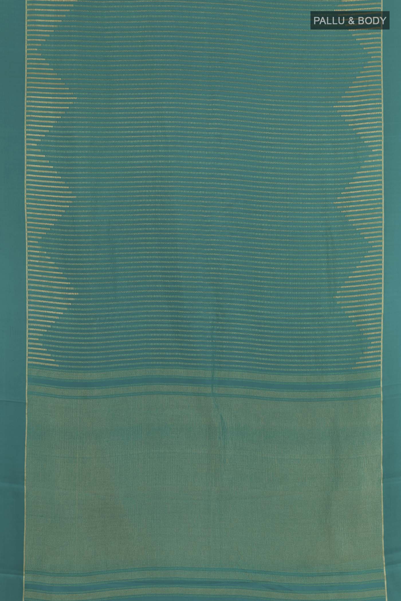 Flat view of Sea Green Mysore Crepe Saree with Stripes on the body and Zari Border. 