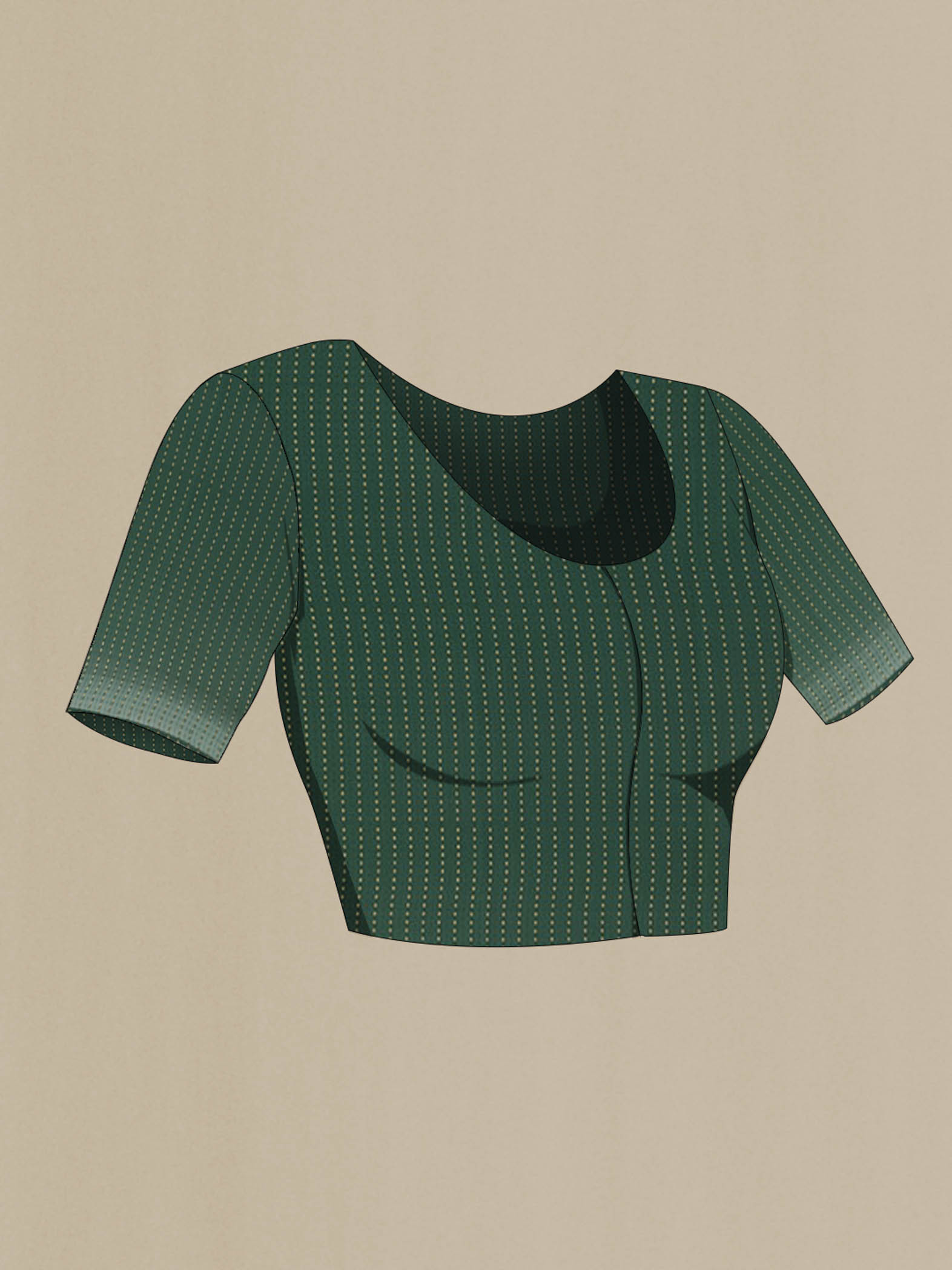 Close up image of the blouse of Bottle Green Mysore Crepe Saree with Stripes on the body and Zari Border. 