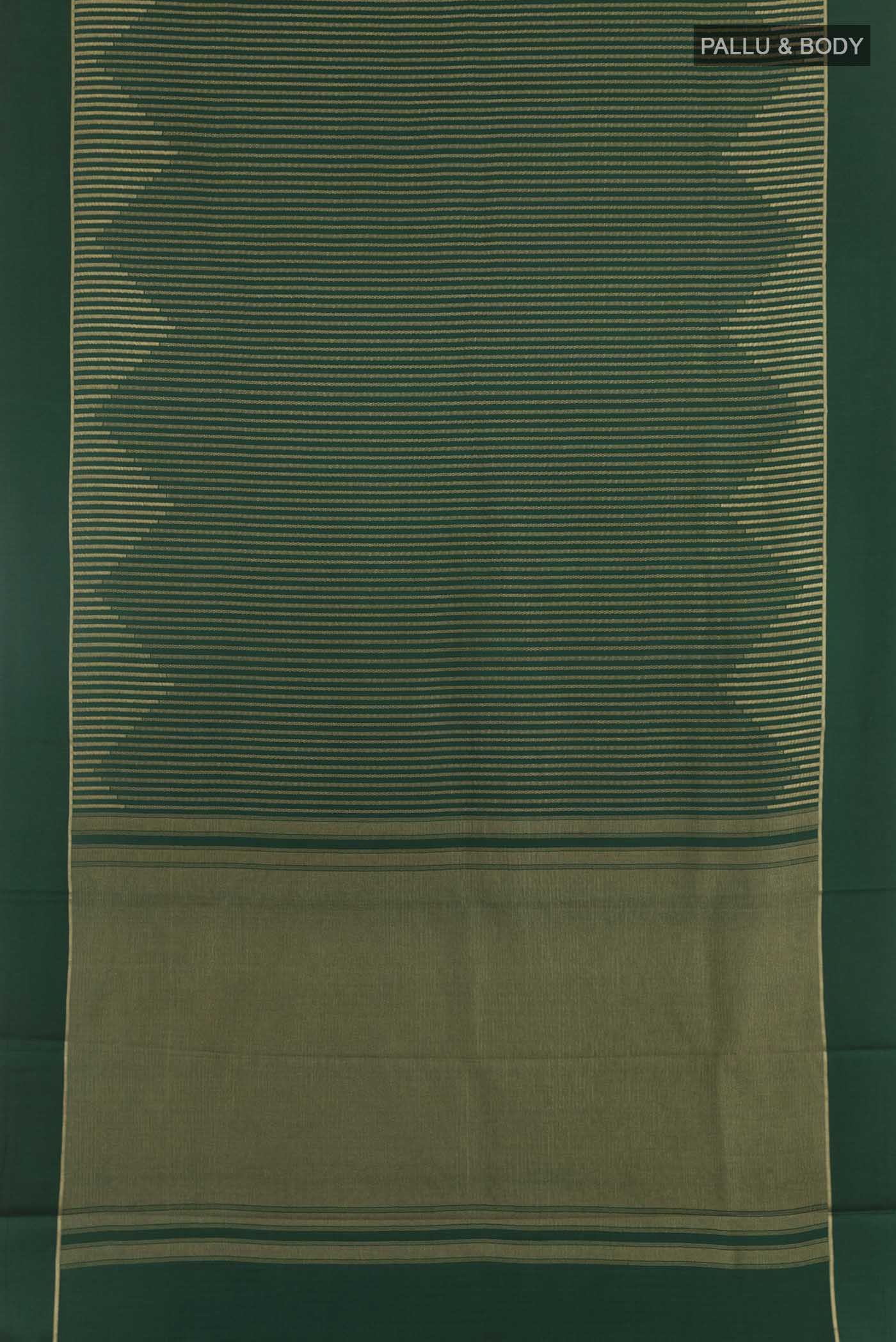 Flat view of Bottle Green Mysore Crepe Saree with Stripes on the body and Zari Border. 