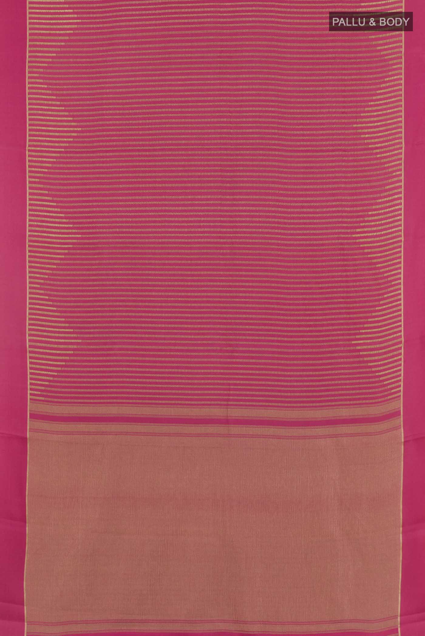 Flat view of Pink Mysore Crepe Saree with Stripes on the body and Zari Border. 