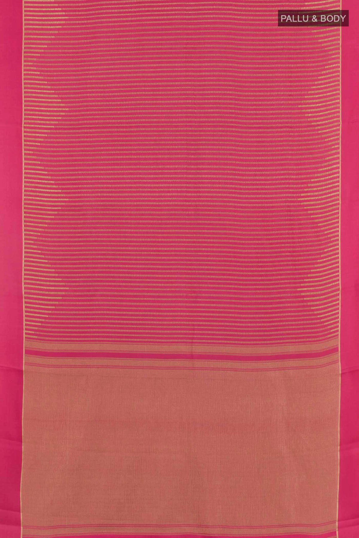 Flat view of Pink Mysore Crepe Saree with Stripes on the body and Zari Border. 