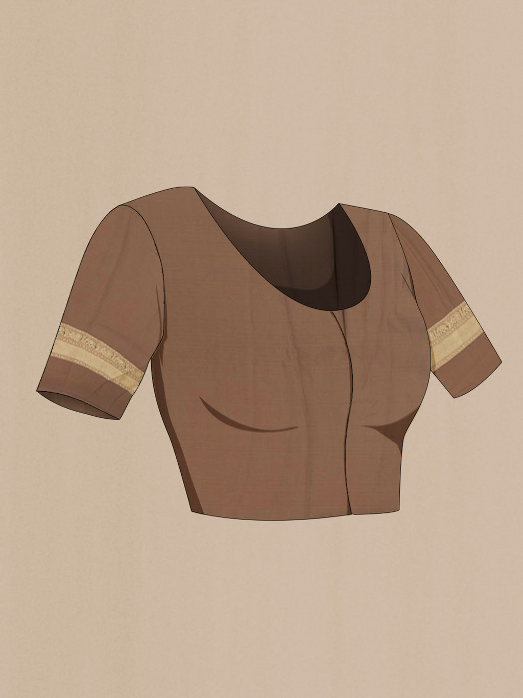Close up image of the blouse of Brown Mysore Crepe Saree with Zari Butta on the body and Zari Border. 
