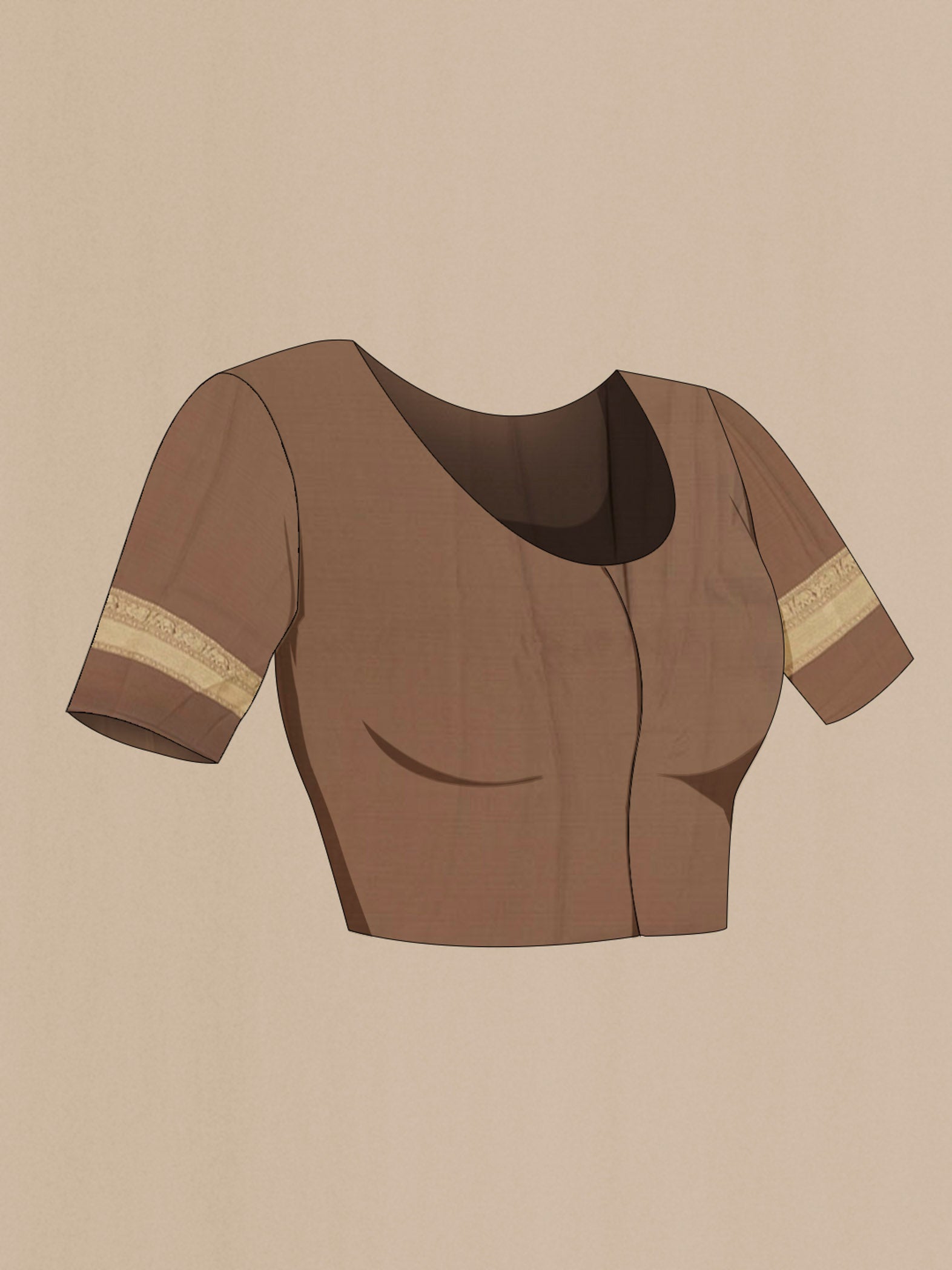 Close up image of the blouse of Brown Mysore Crepe Saree with Zari Butta on the body and Zari Border. 