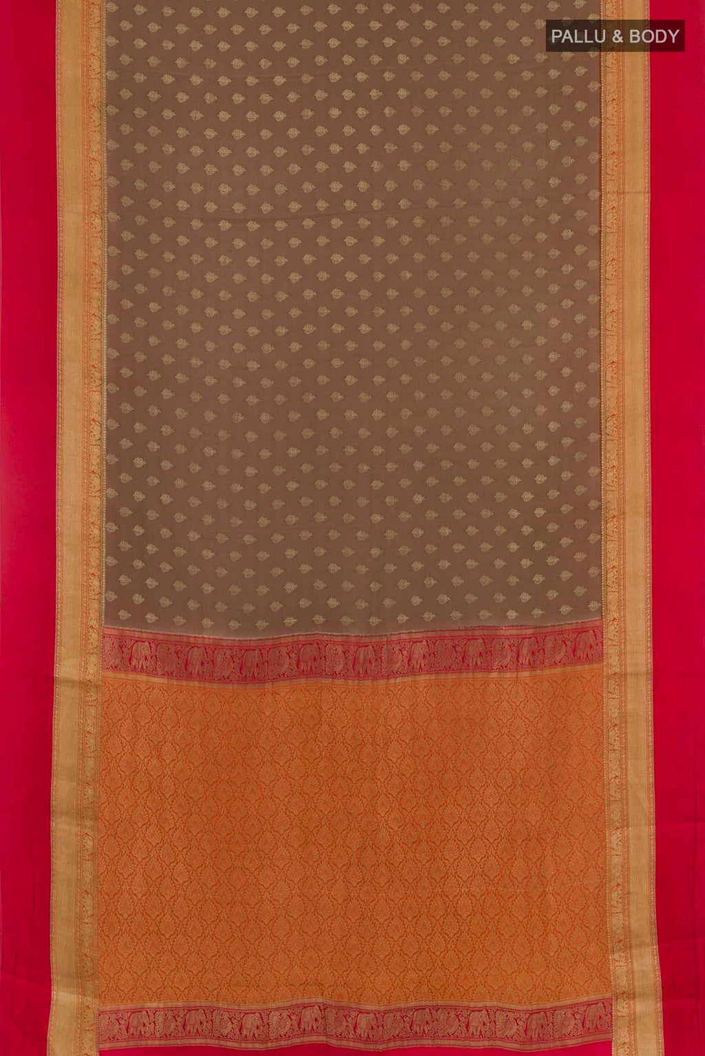 Flat view of Brown Mysore Crepe Saree with Zari Butta on the body and Zari Border. 