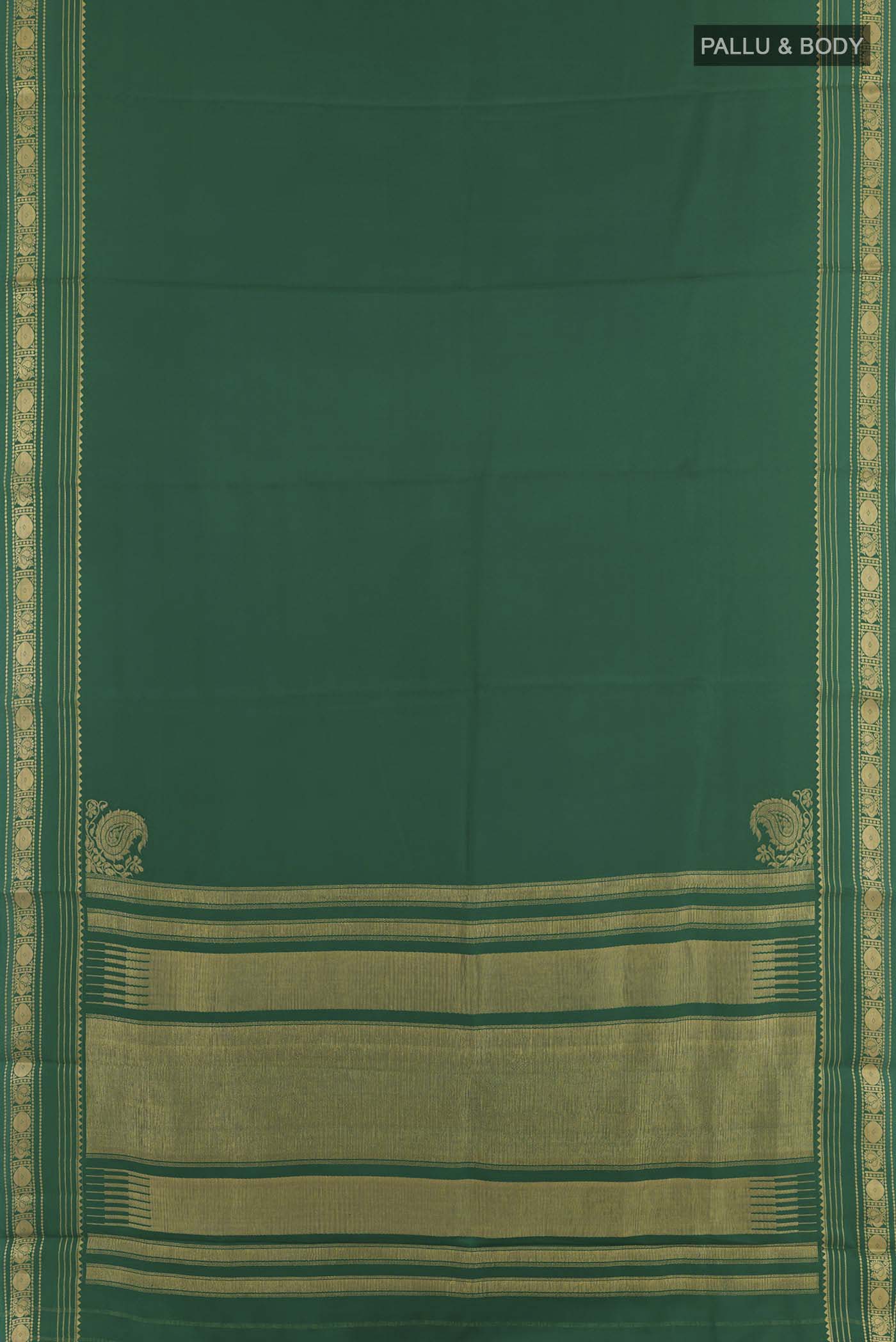 Flat view of Green Mysore Crepe Saree with Plain Body and Zari Border. 