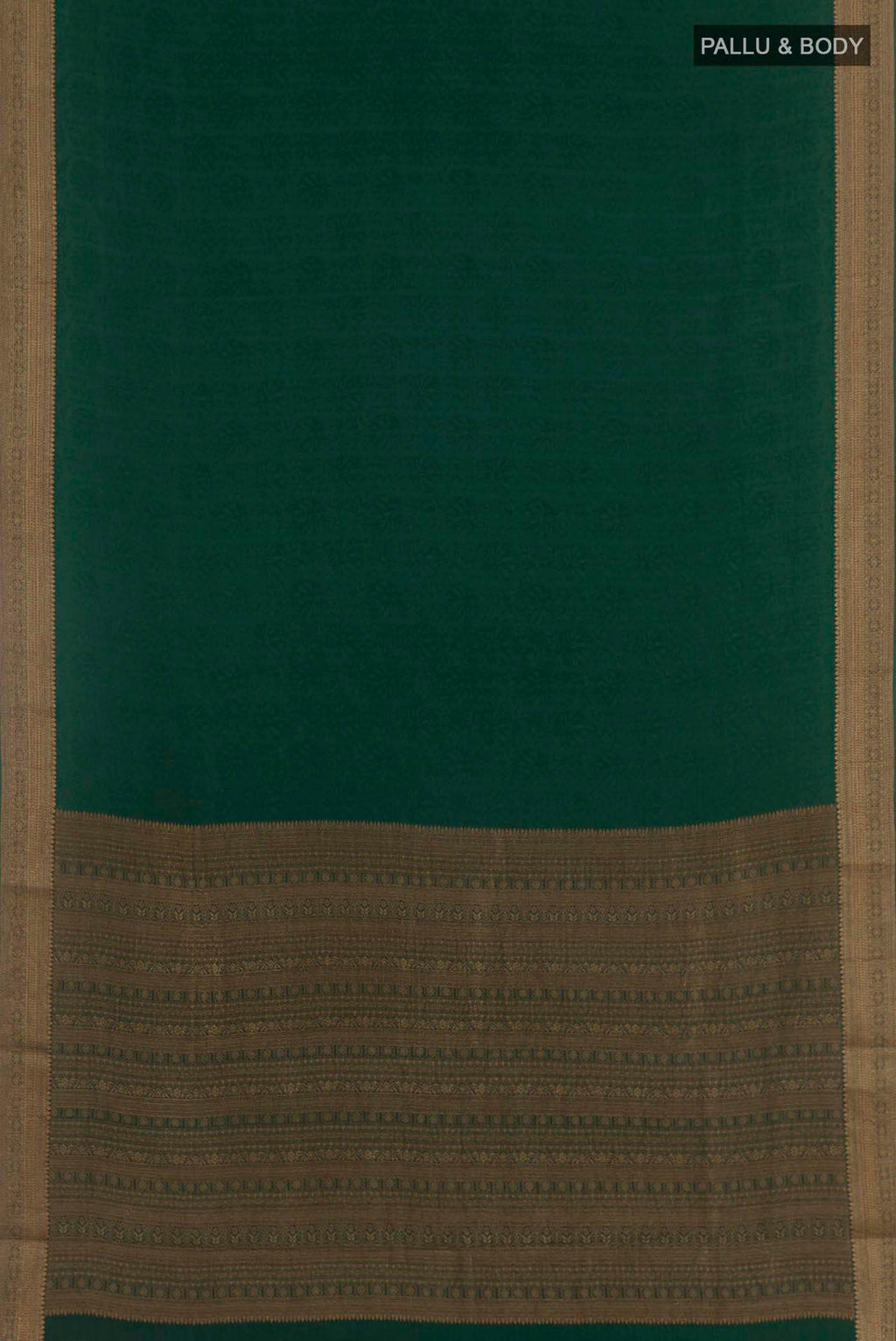 Flat view of Bottle Green Mysore Crepe Saree with Jacquard design on the body and Zari Border. 