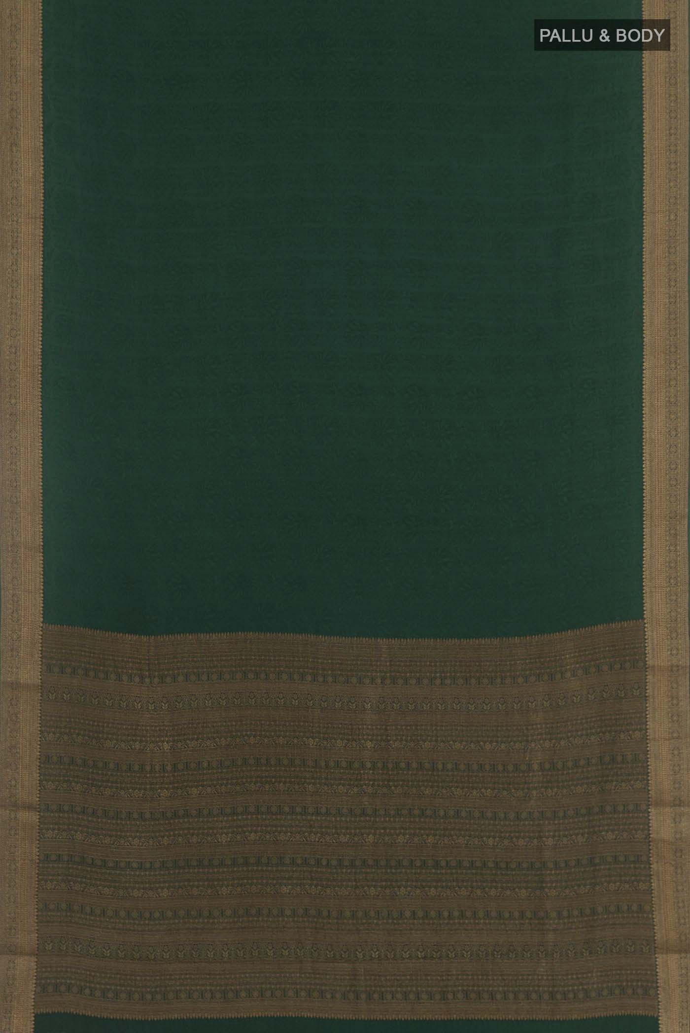 Flat view of Bottle Green Mysore Crepe Saree with Jacquard design on the body and Zari Border. 