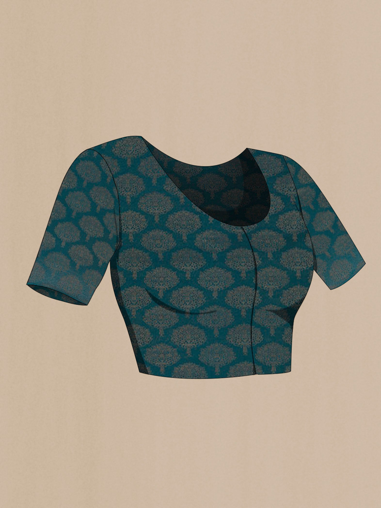Close up image of the blouse of Blue Mysore Crepe Saree with Jacquard design on the body and Zari Border. 