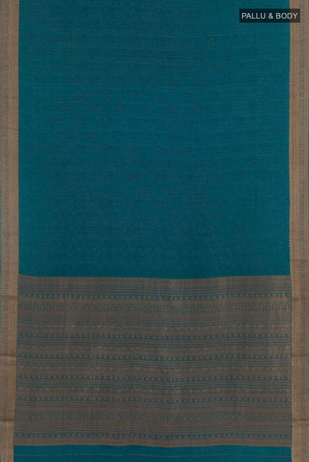 Flat view of Blue Mysore Crepe Saree with Jacquard design on the body and Zari Border. 