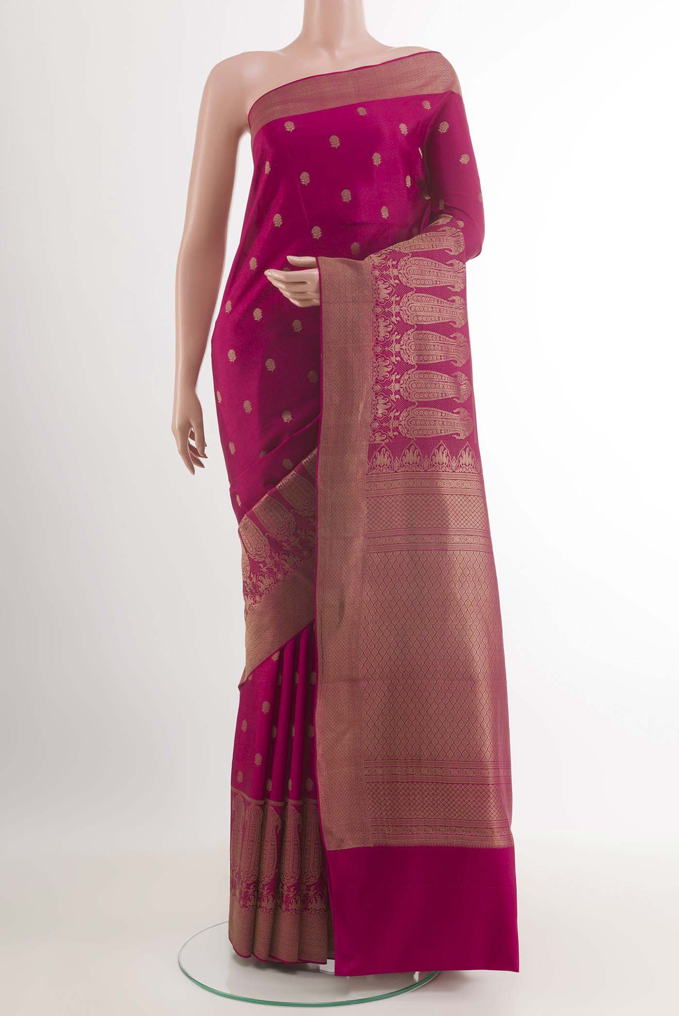 Pink Mysore Crepe Saree with Zari Butta on the body and Zari Border.  displayed on a mannequin