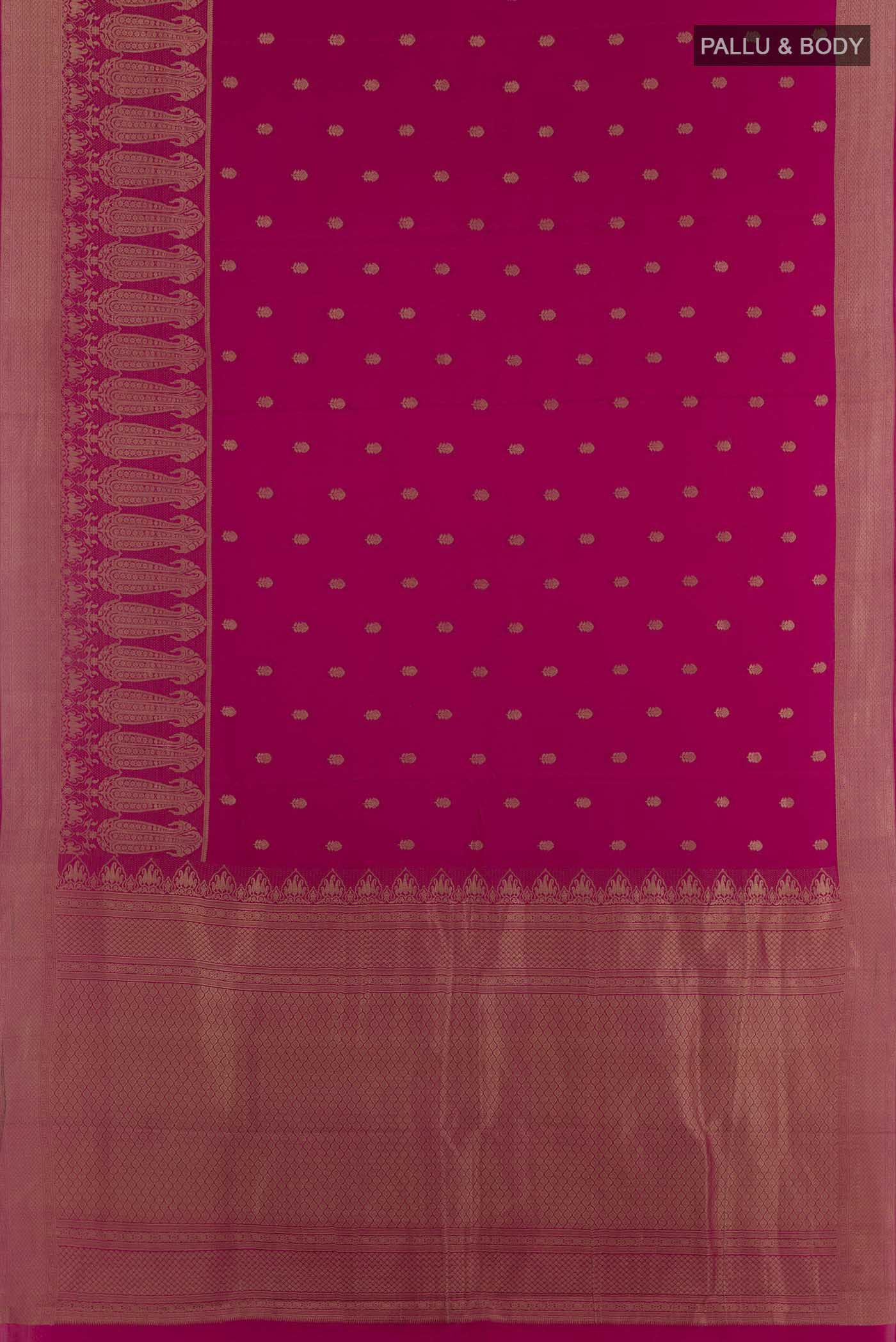 Flat view of Pink Mysore Crepe Saree with Zari Butta on the body and Zari Border. 