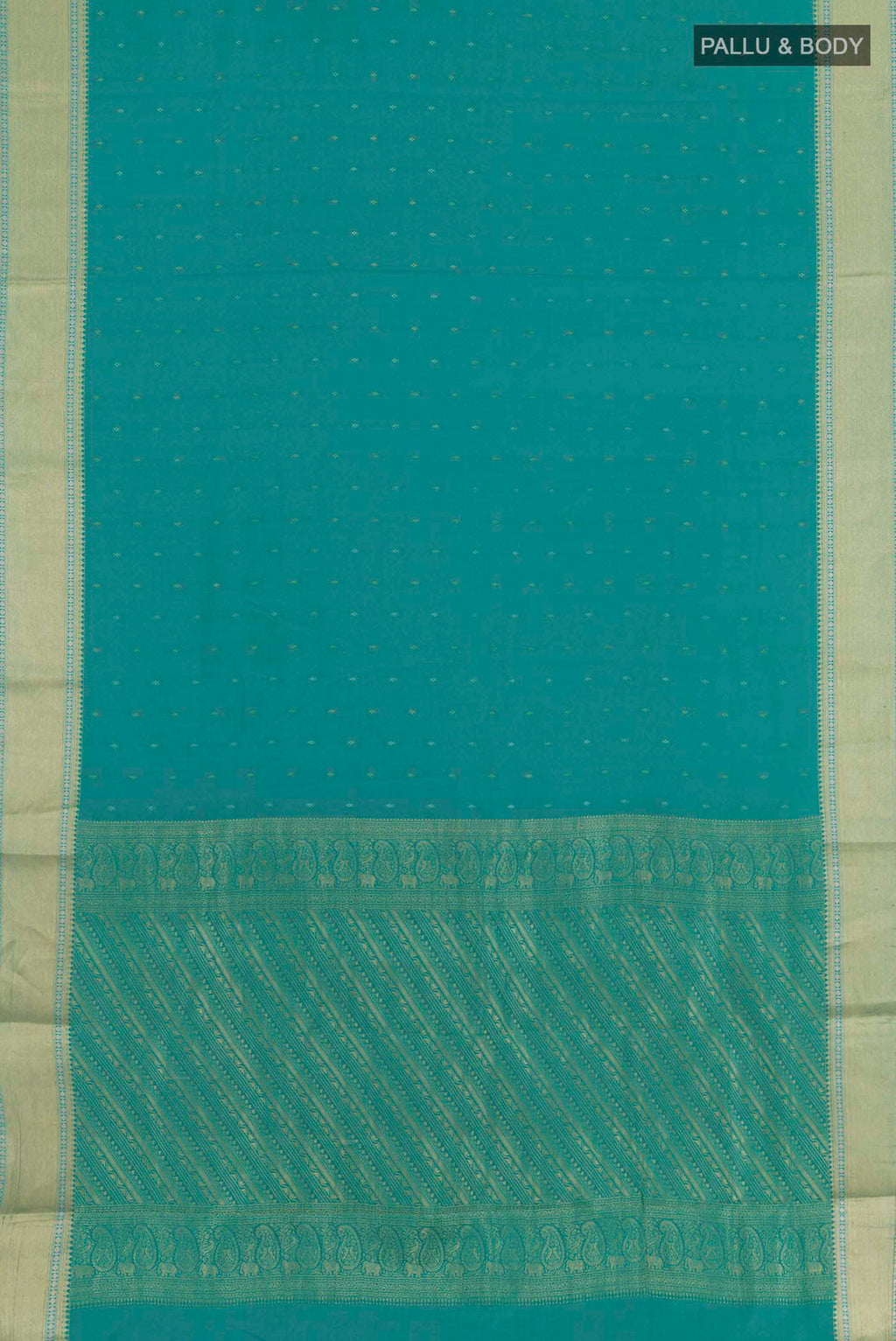 Flat view of Sea Green Mysore Crepe Saree with Zari Butta on the body and Zari Border. 