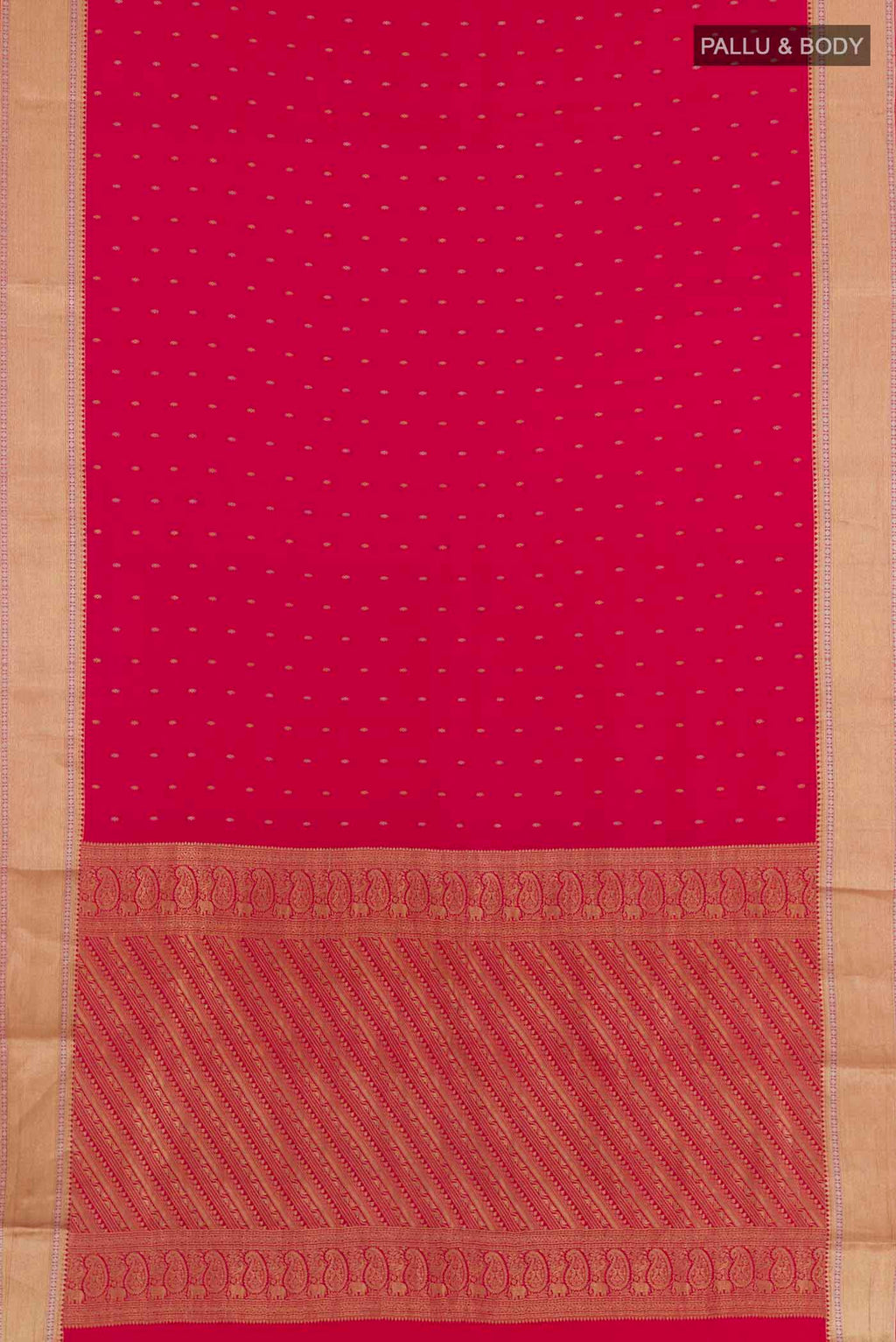Flat view of Pink Mysore Crepe Saree with Zari Butta on the body and Zari Border. 