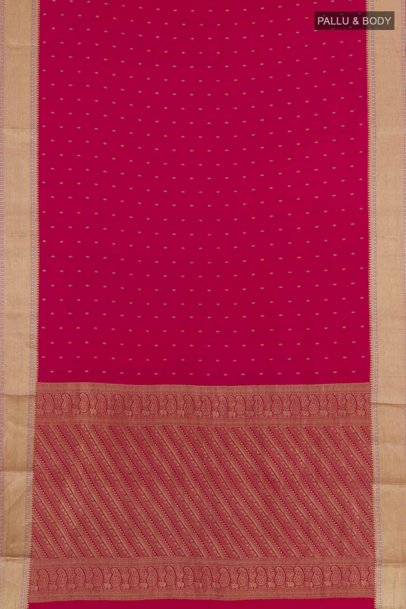 Flat view of Pink Mysore Crepe Saree with Zari Butta on the body and Zari Border. 