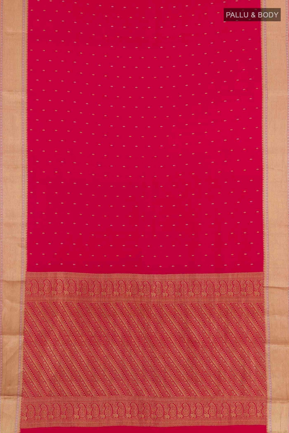 Flat view of Pink Mysore Crepe Saree with Zari Butta on the body and Zari Border. 