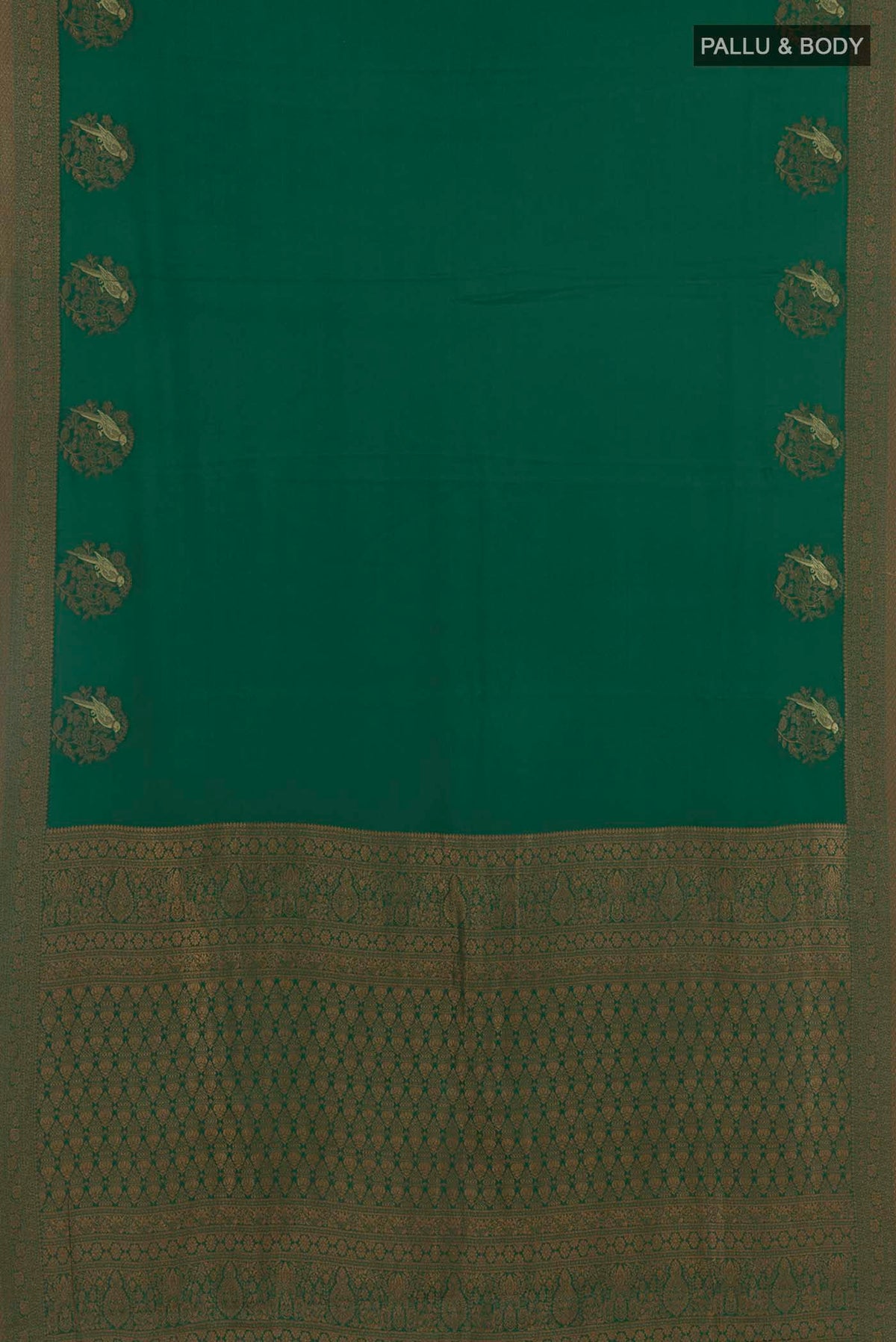 Flat view of Green Mysore Crepe Saree with Zari Butta on the body and Zari Border. 