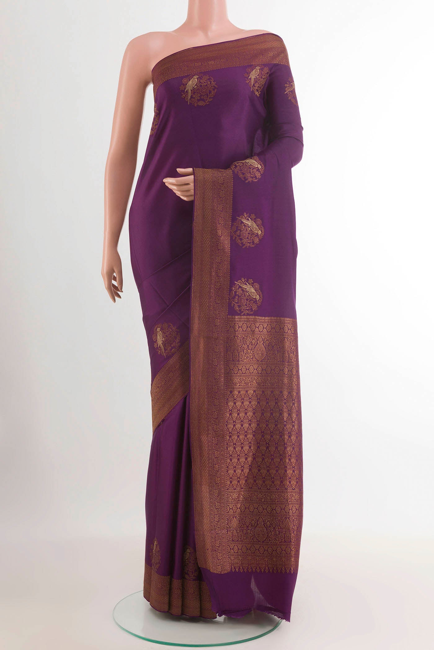Purple Mysore Crepe Saree with Plain Body and Zari Border.  displayed on a mannequin