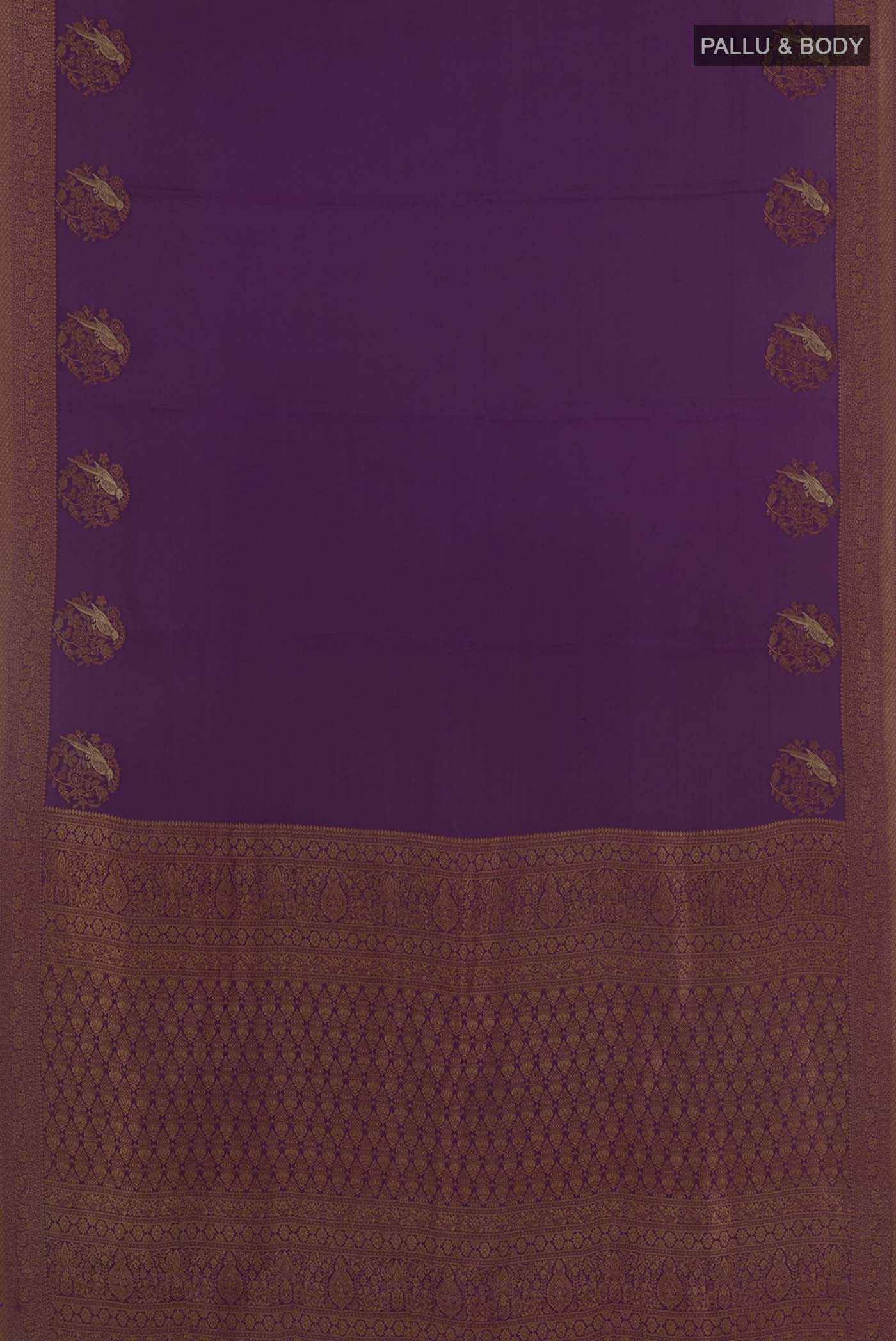 Flat view of Purple Mysore Crepe Saree with Plain Body and Zari Border. 