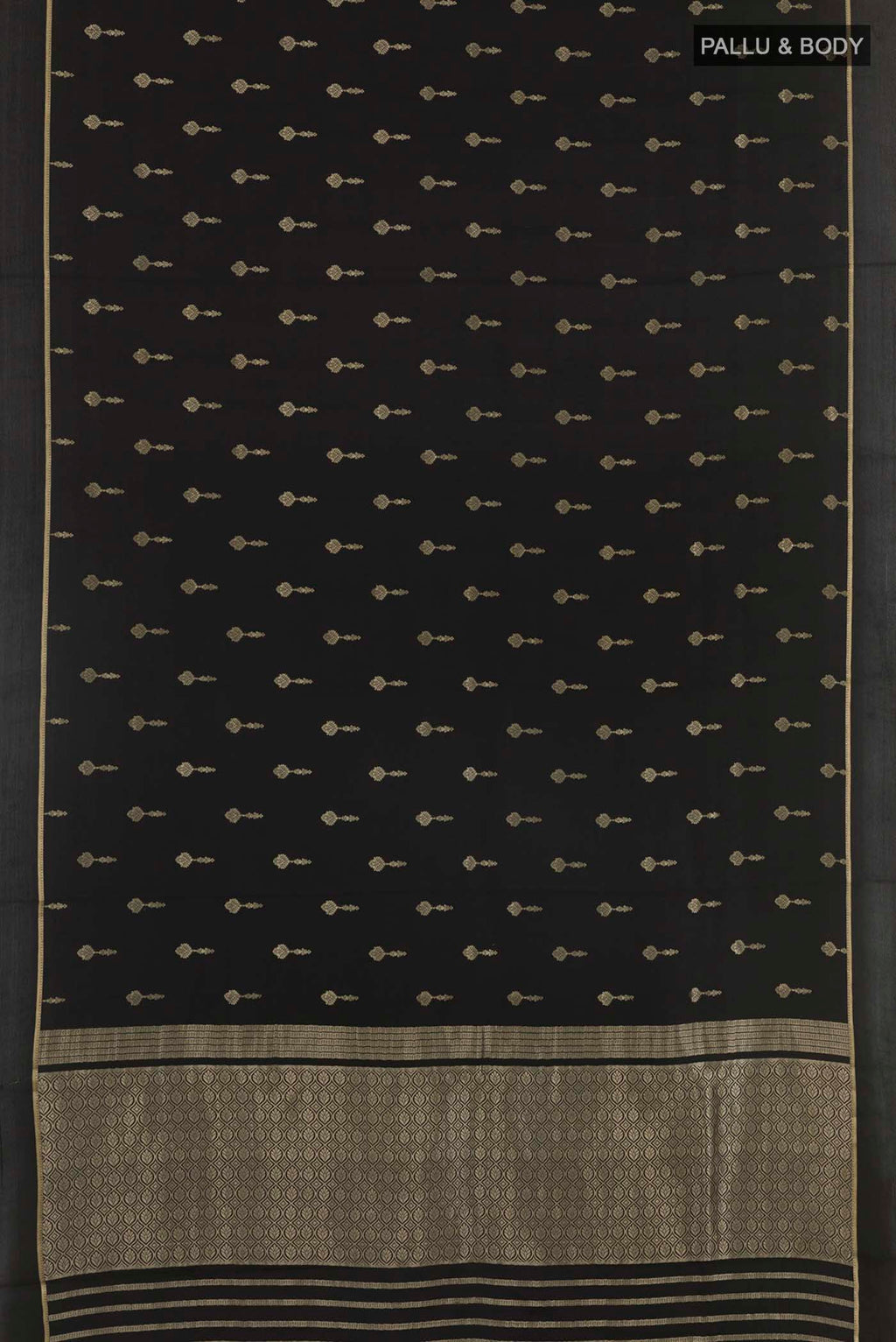 Flat view of Black Mysore Crepe Saree with Plain Body and Zari Border. 