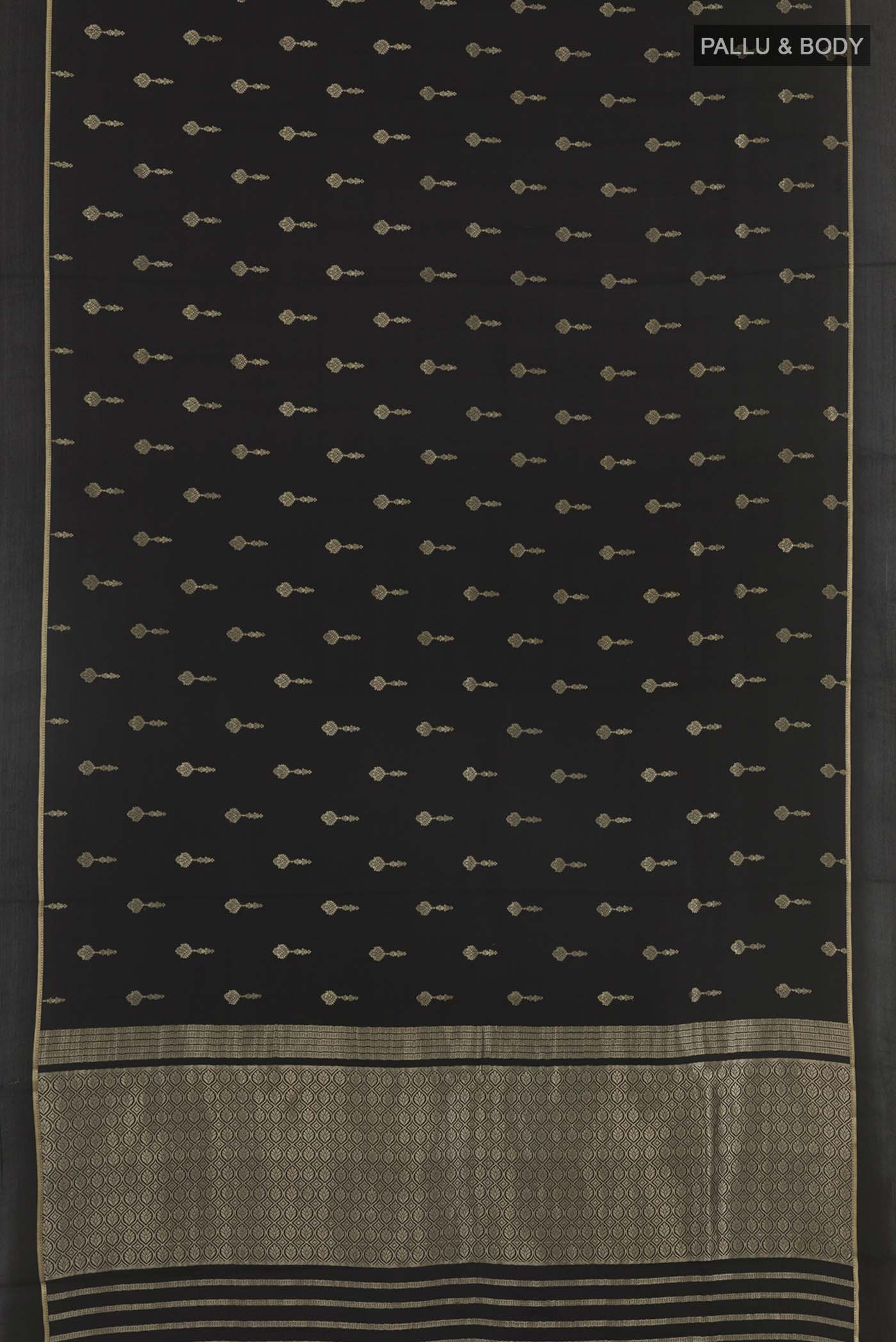 Flat view of Black Mysore Crepe Saree with Plain Body and Zari Border. 