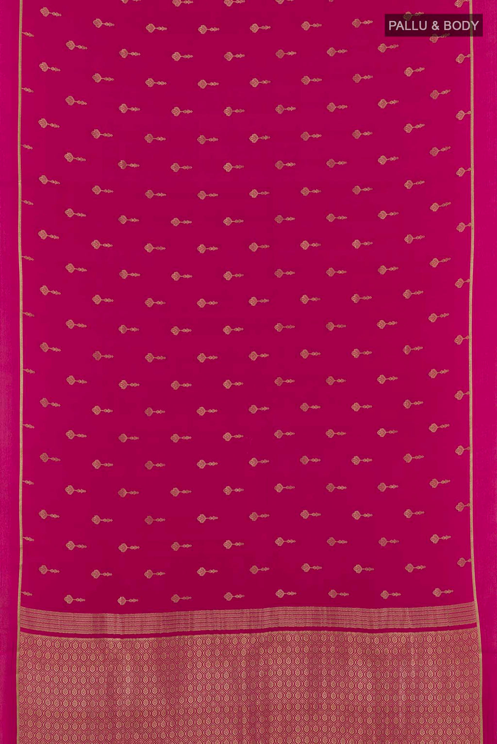 Flat view of Pink Mysore Crepe Saree with Zari Butta on the body and Zari Border. 