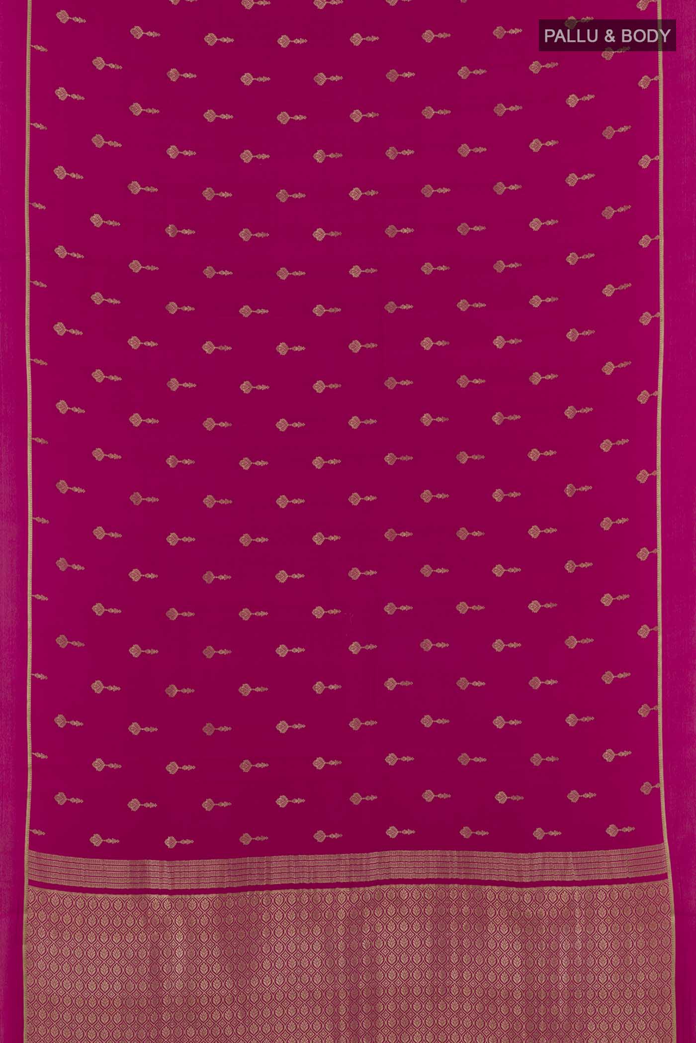 Flat view of Pink Mysore Crepe Saree with Zari Butta on the body and Zari Border. 