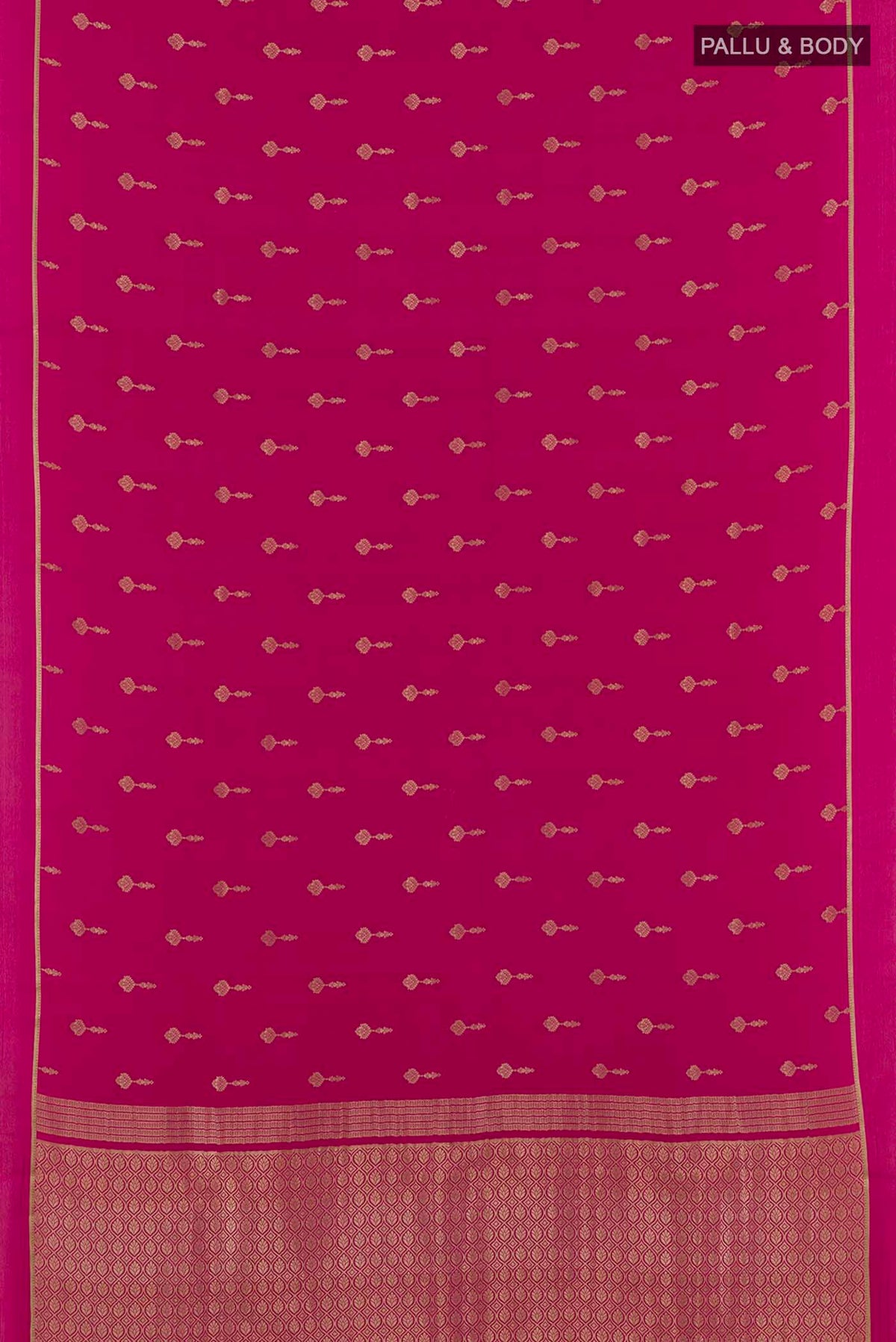 Flat view of Pink Mysore Crepe Saree with Zari Butta on the body and Zari Border. 