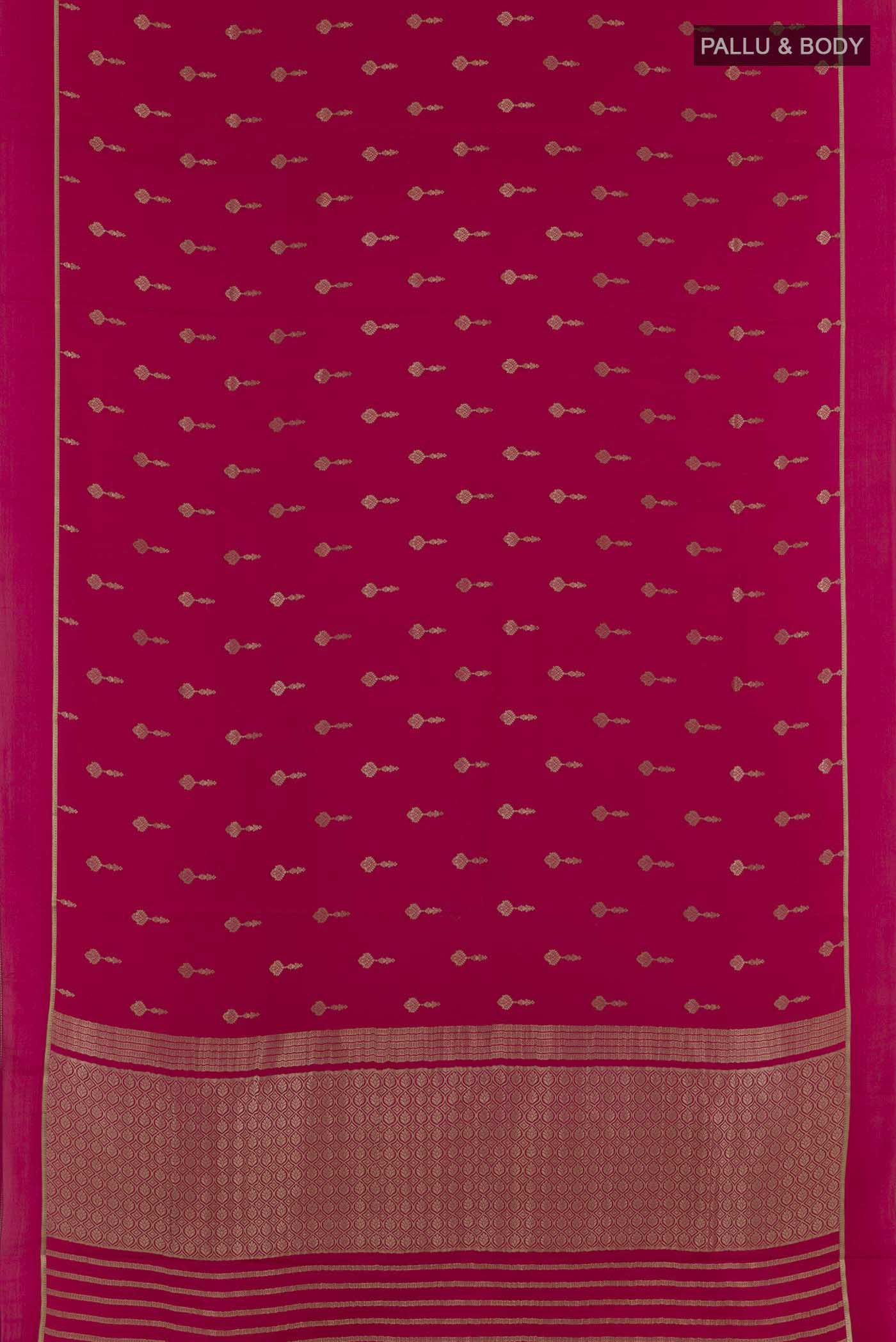 Flat view of Pink Mysore Crepe Saree with Zari Butta on the body and Zari Border. 