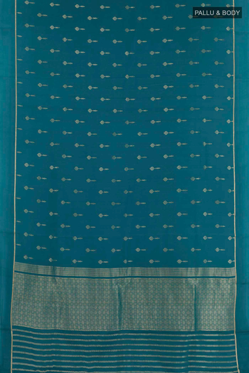 Flat view of Royal Blue Mysore Crepe Saree with Zari Butta on the body and Zari Border. 