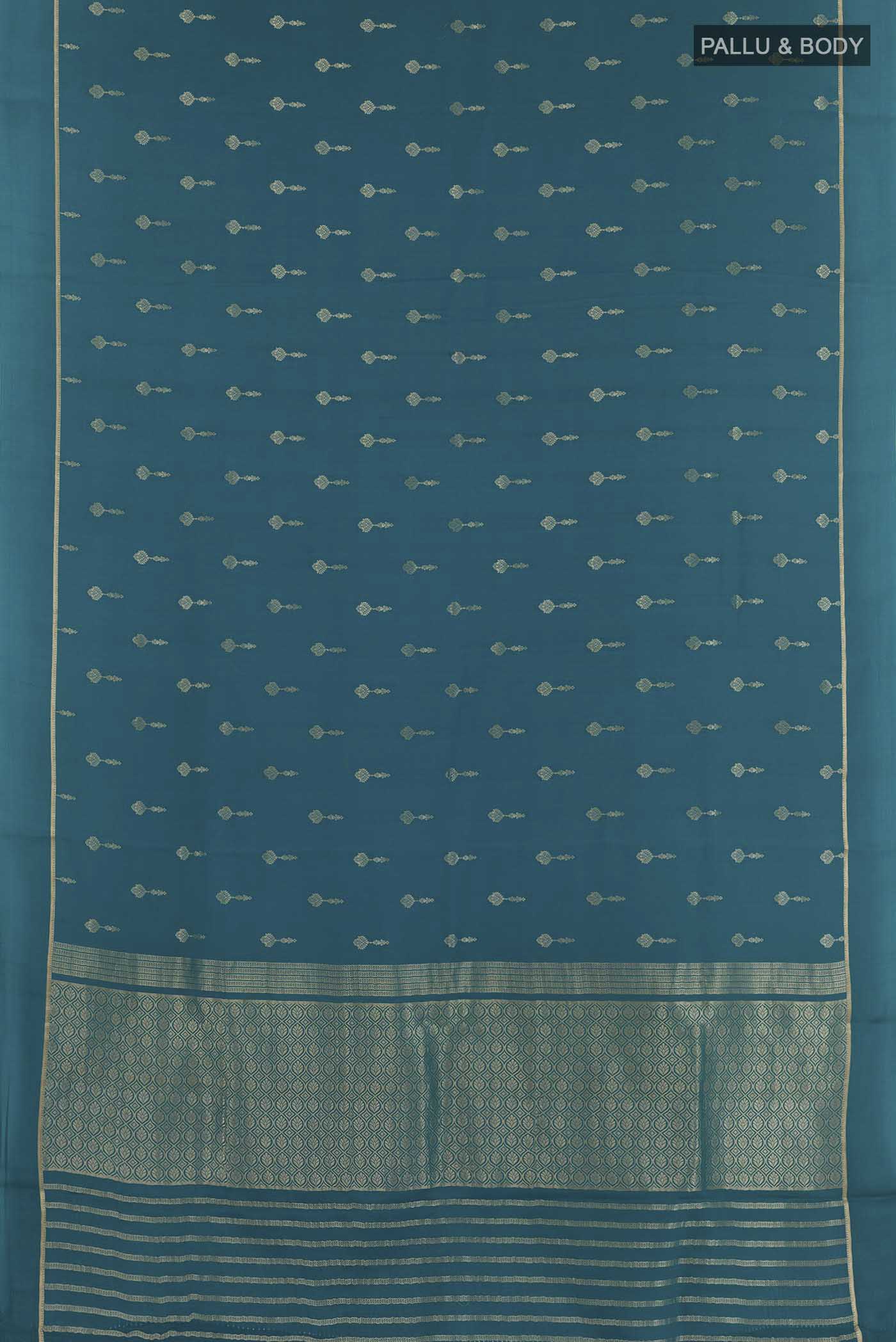 Flat view of Royal Blue Mysore Crepe Saree with Zari Butta on the body and Zari Border. 