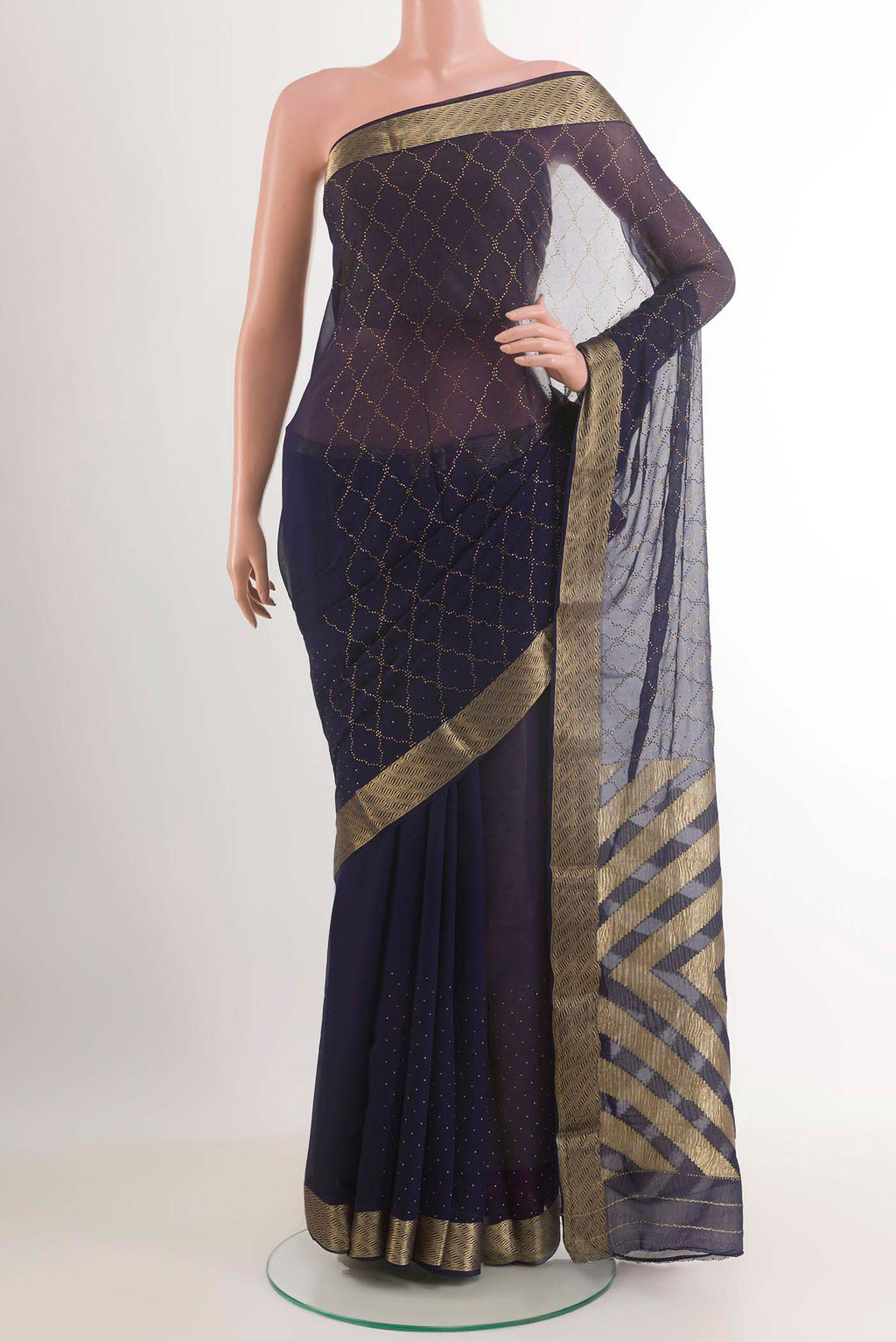 Dark Blue Mysore Chiffon Saree with Embroidery on the body and Zari Border.  displayed on a mannequin