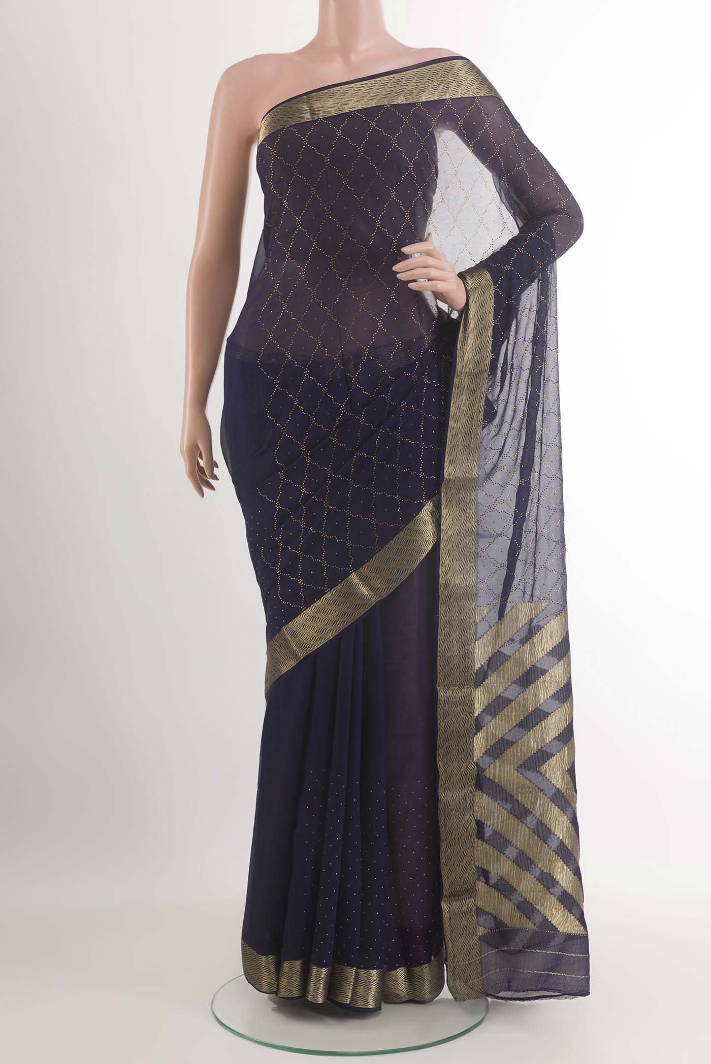 Dark Blue Mysore Chiffon Saree with Embroidery on the body and Zari Border.  displayed on a mannequin