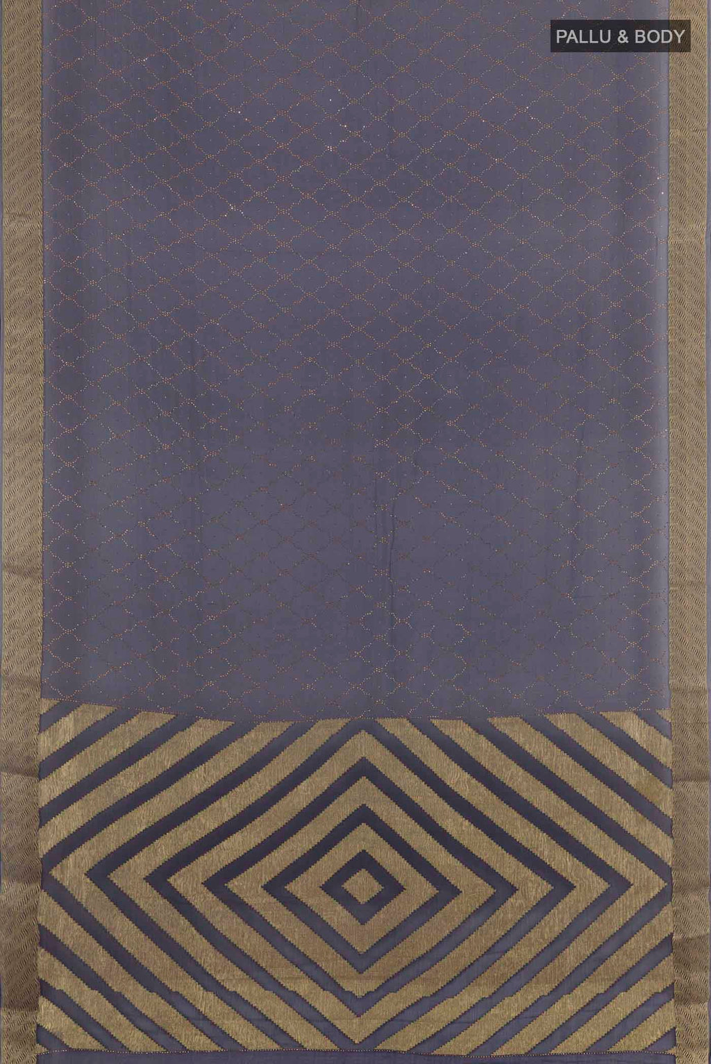 Flat view of Dark Blue Mysore Chiffon Saree with Embroidery on the body and Zari Border. 